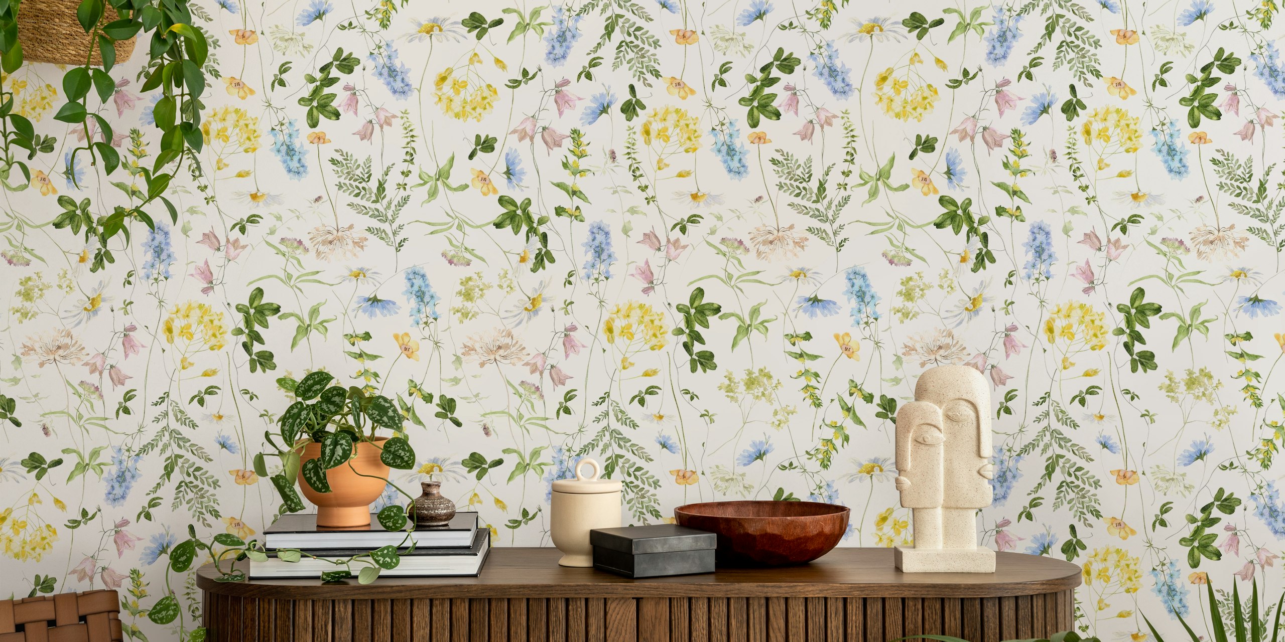 Pastel watercolor wildflower wallpaper in a room