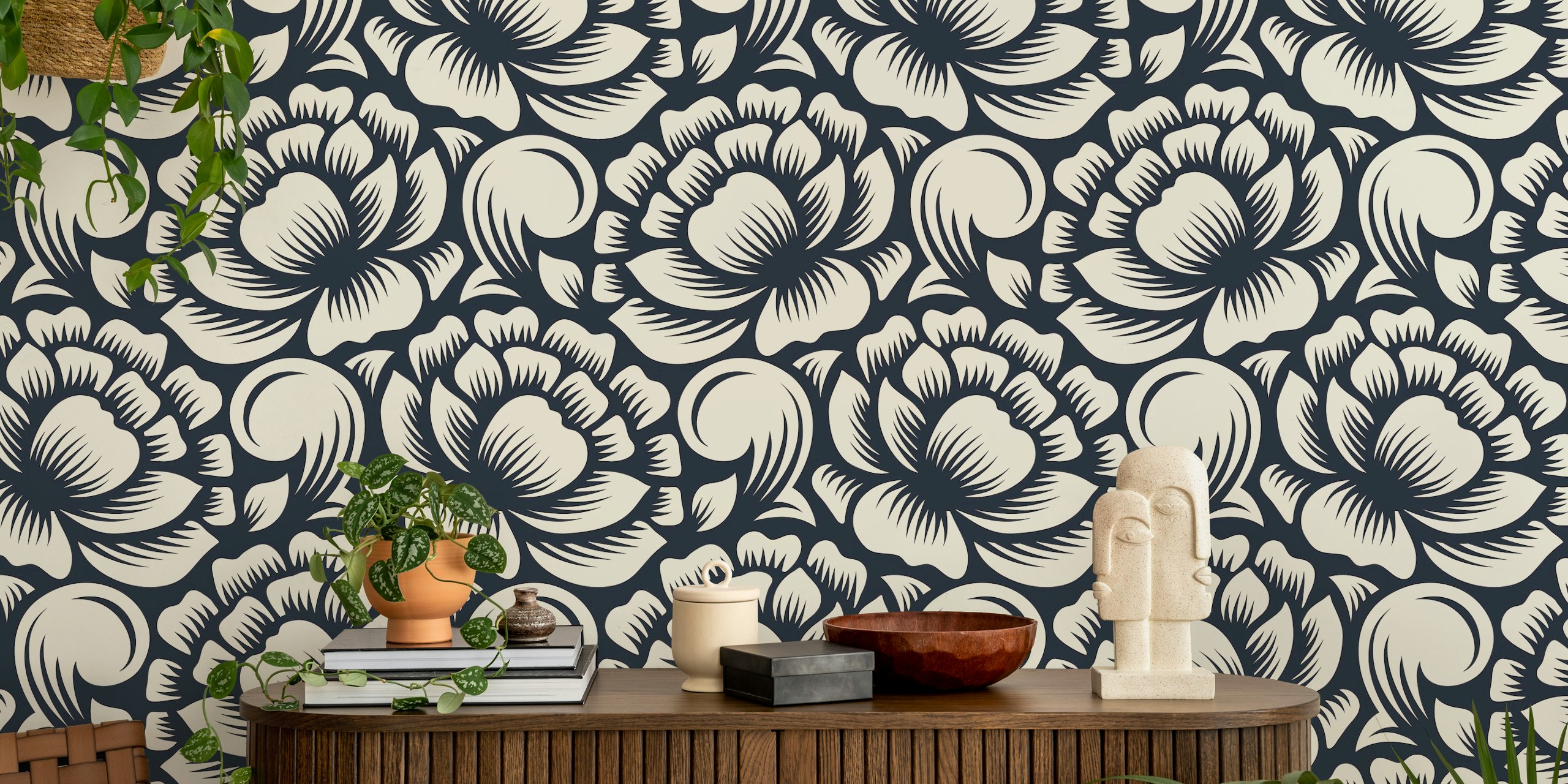 White peonies silhouettes wallpaper design