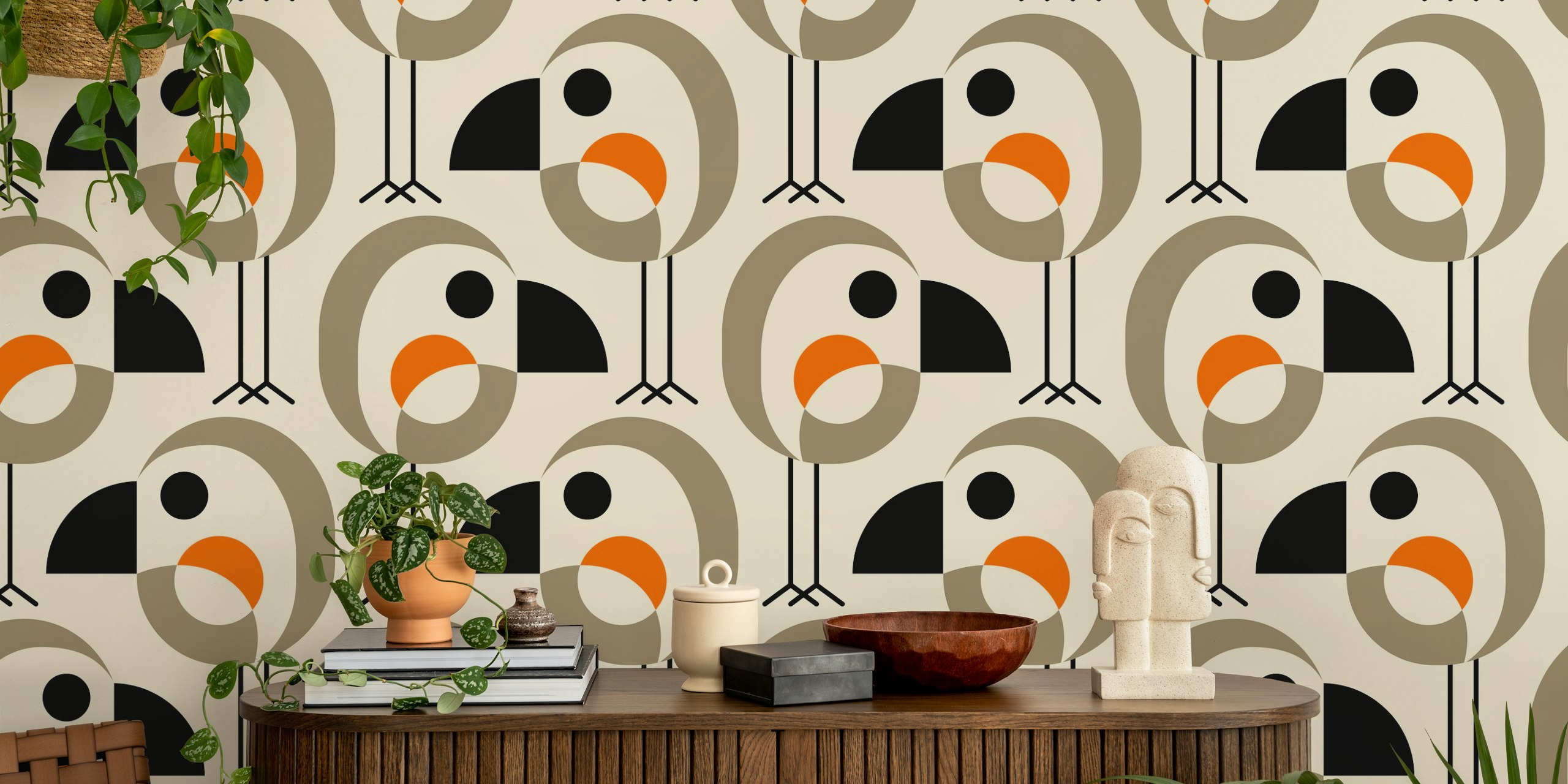 Funny cartoon bird patterns in brown and orange tones wallpaper