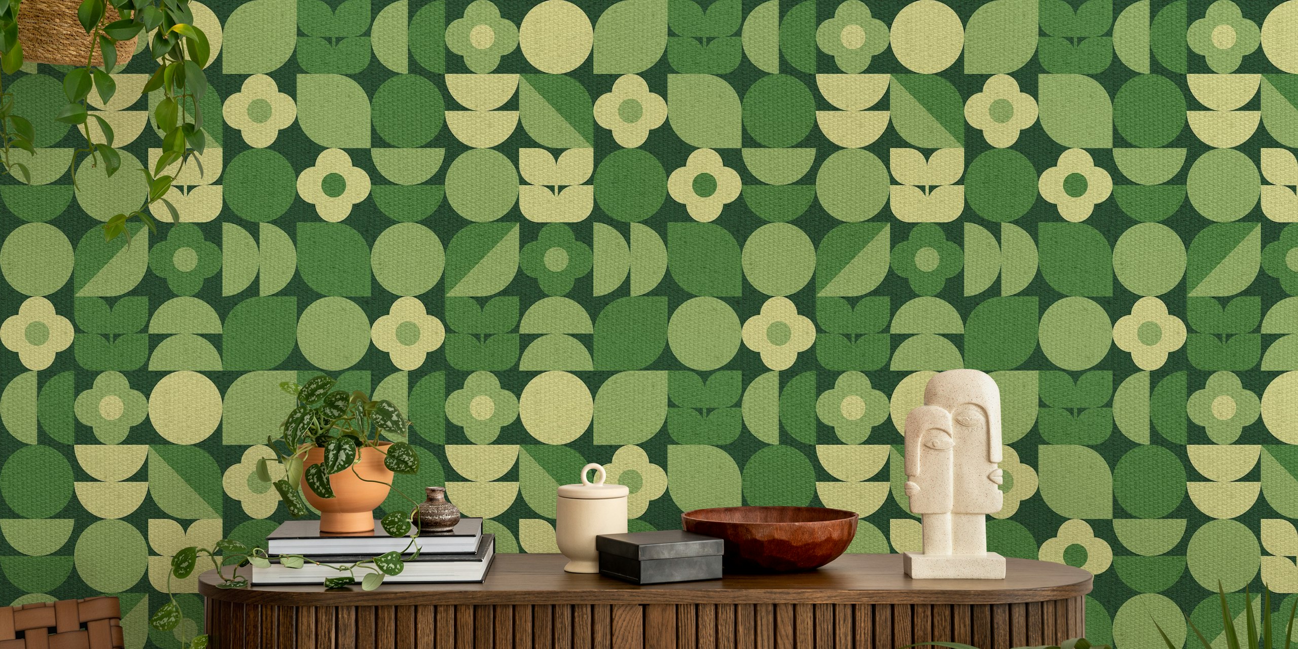 Diseño de papel pintado Geo Bauhaus Green Floral Shapes