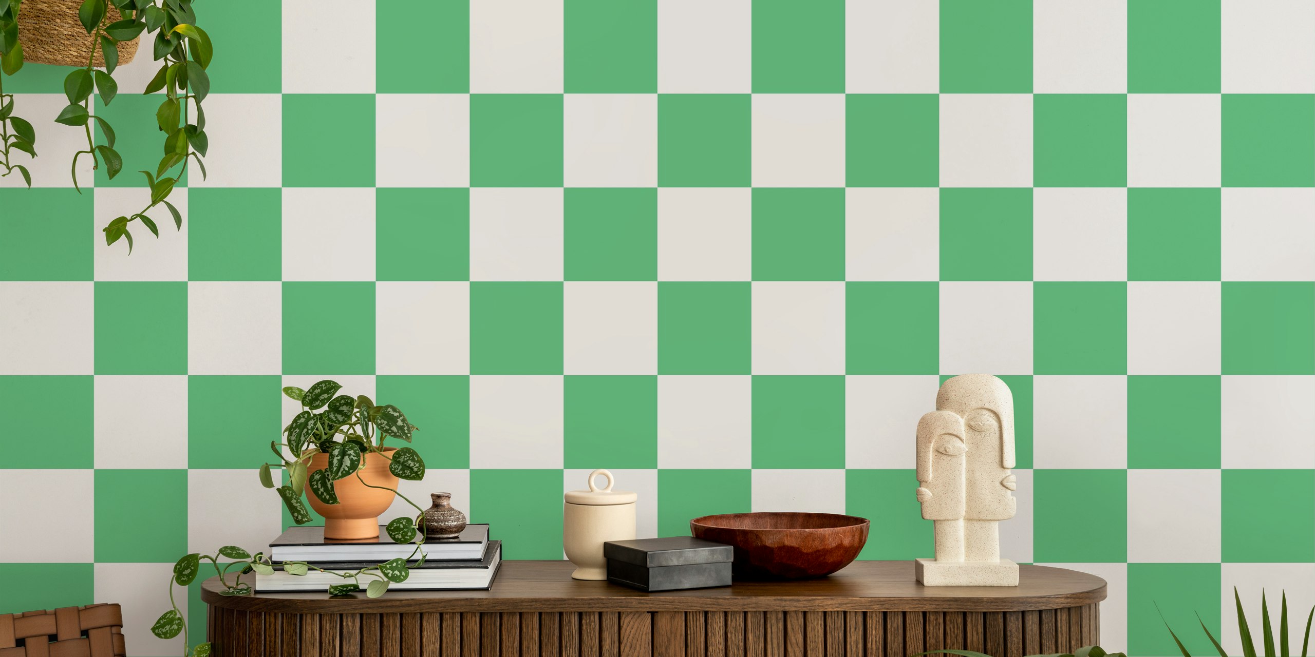 Large checkerboard pattern wall mural in mint green and white