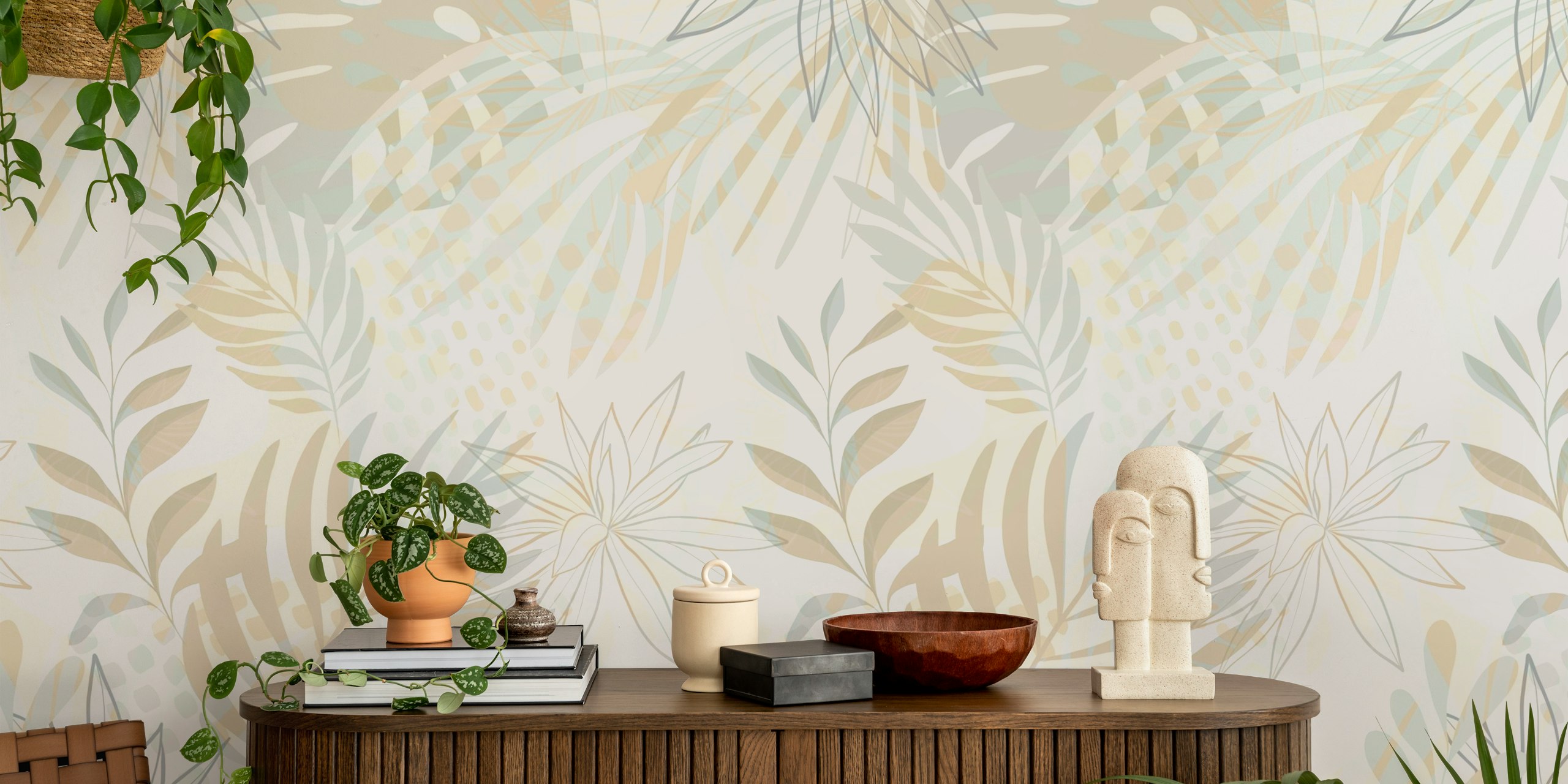 Soft green tropical floral wallpaper with leaf patterns