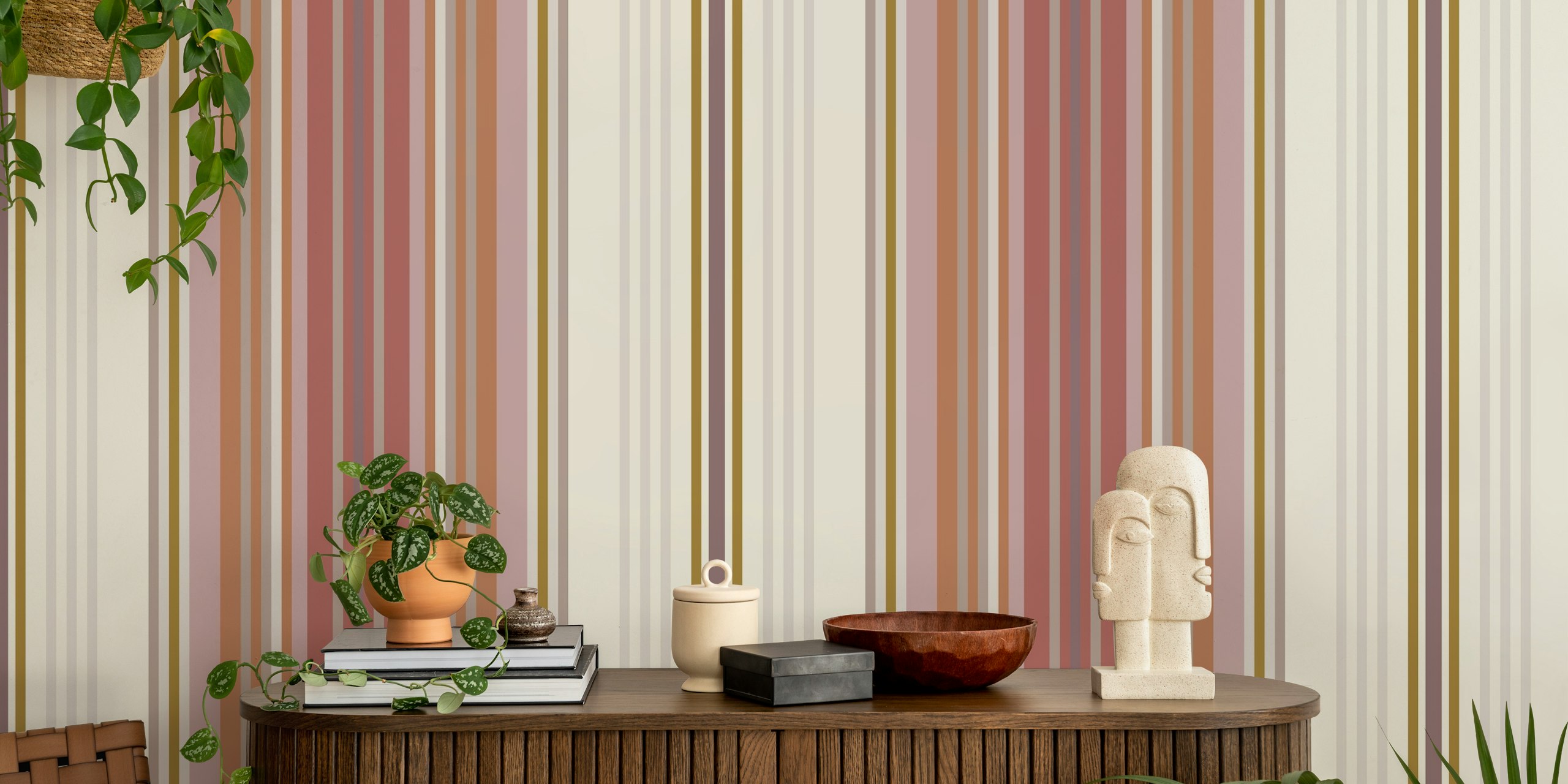 Burgundy striped wallpaper with pink, brown, and cream colors