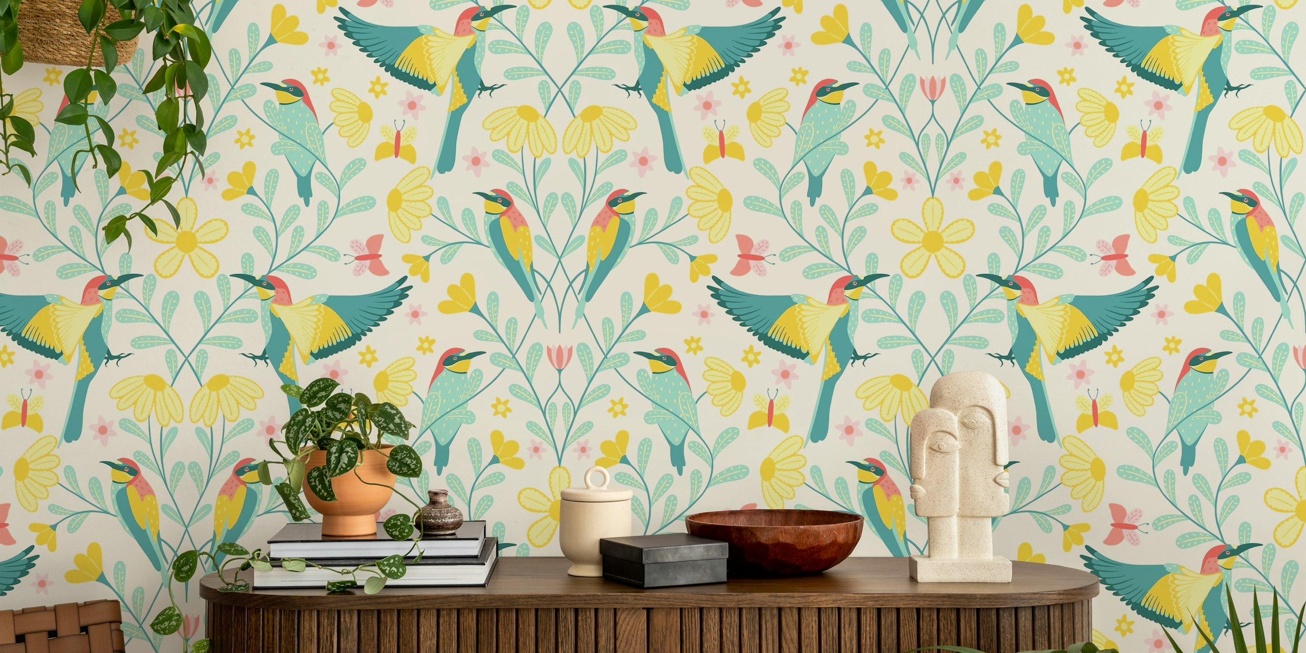 Bee-eater birds with yellow and pink flowers on cream background wallpaper