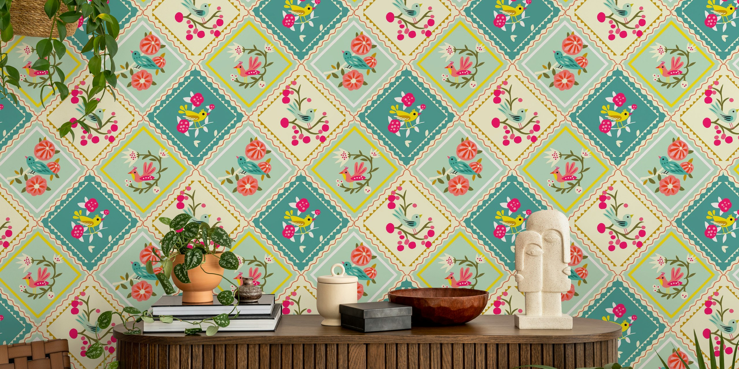 Colorful birds and flowers in diamond patterns on teal wallpaper