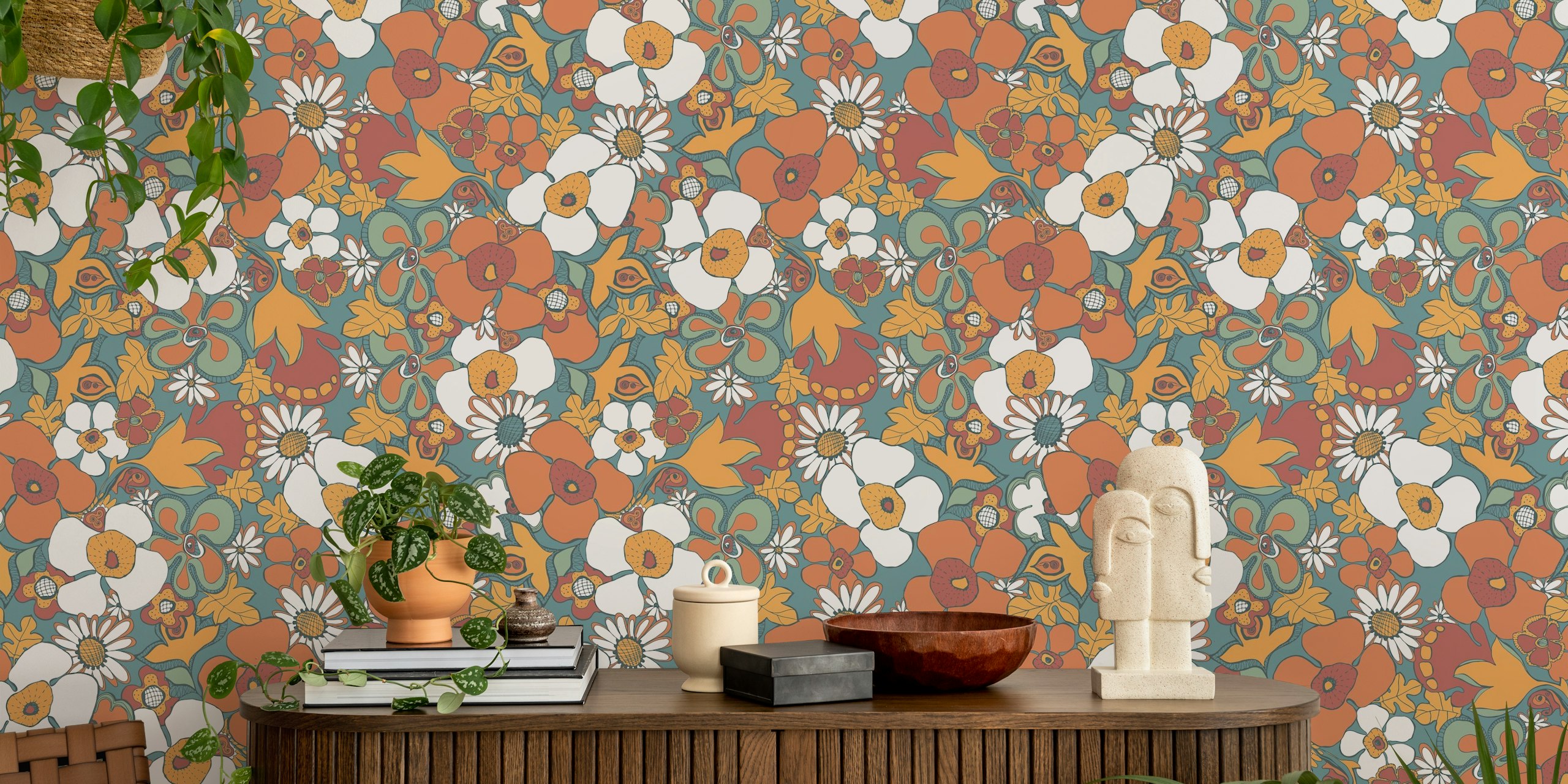 Floral Doodles Pattern in Teal Rust tapetti huoneessa