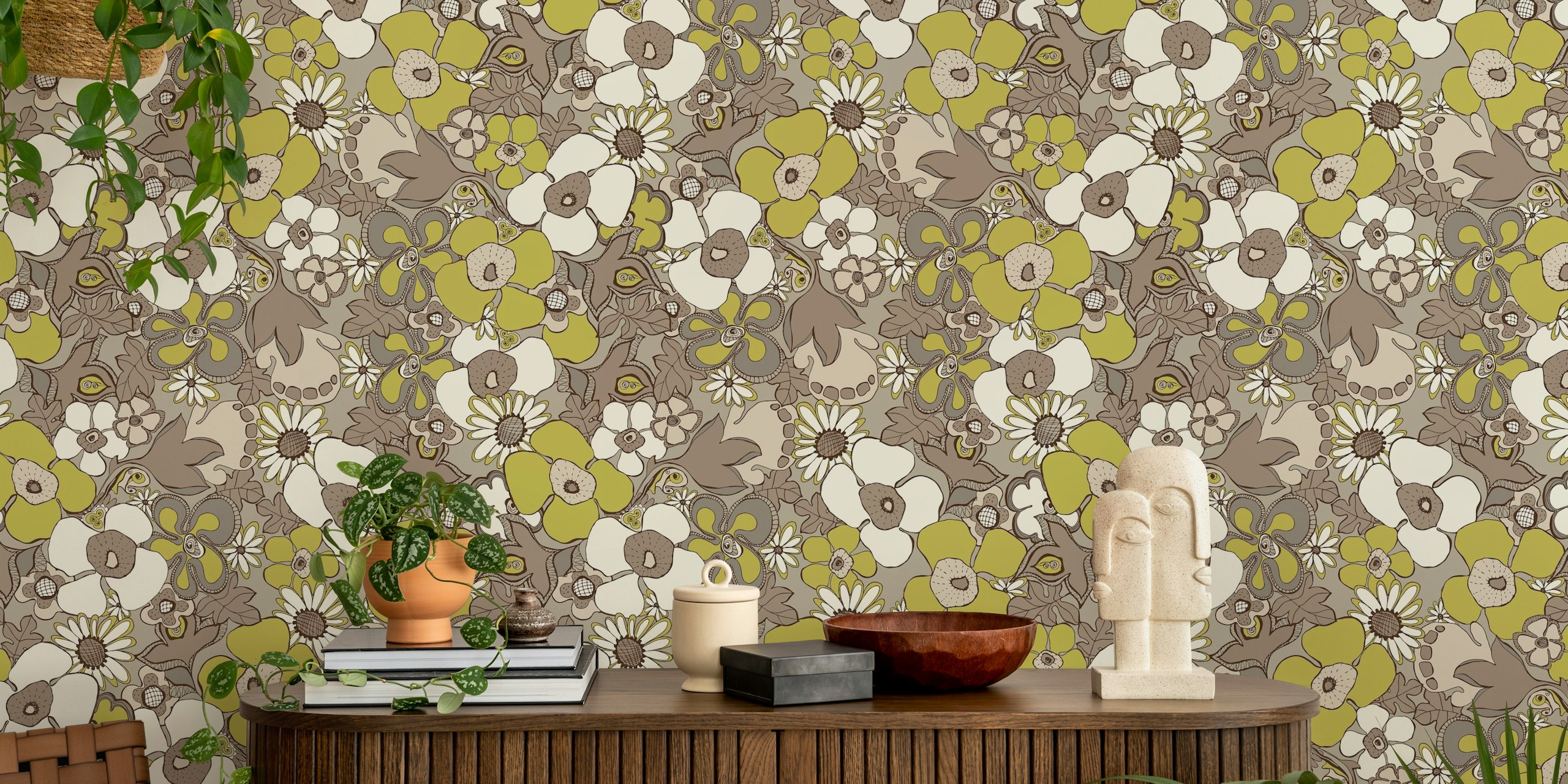 Beige floral wallpaper with brown and green doodles