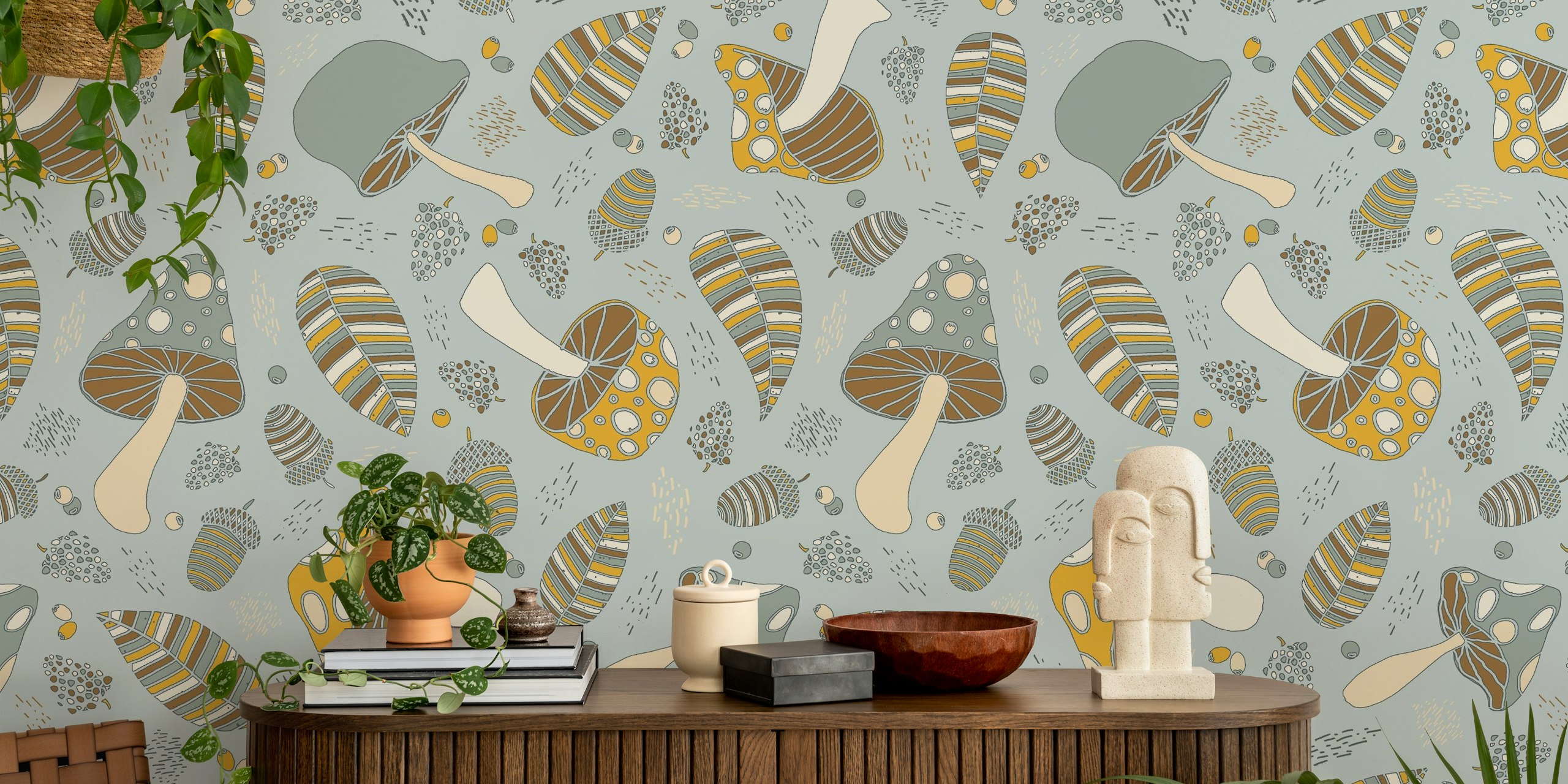 Autumnal fruits and mushrooms wallpaper dans une pièce