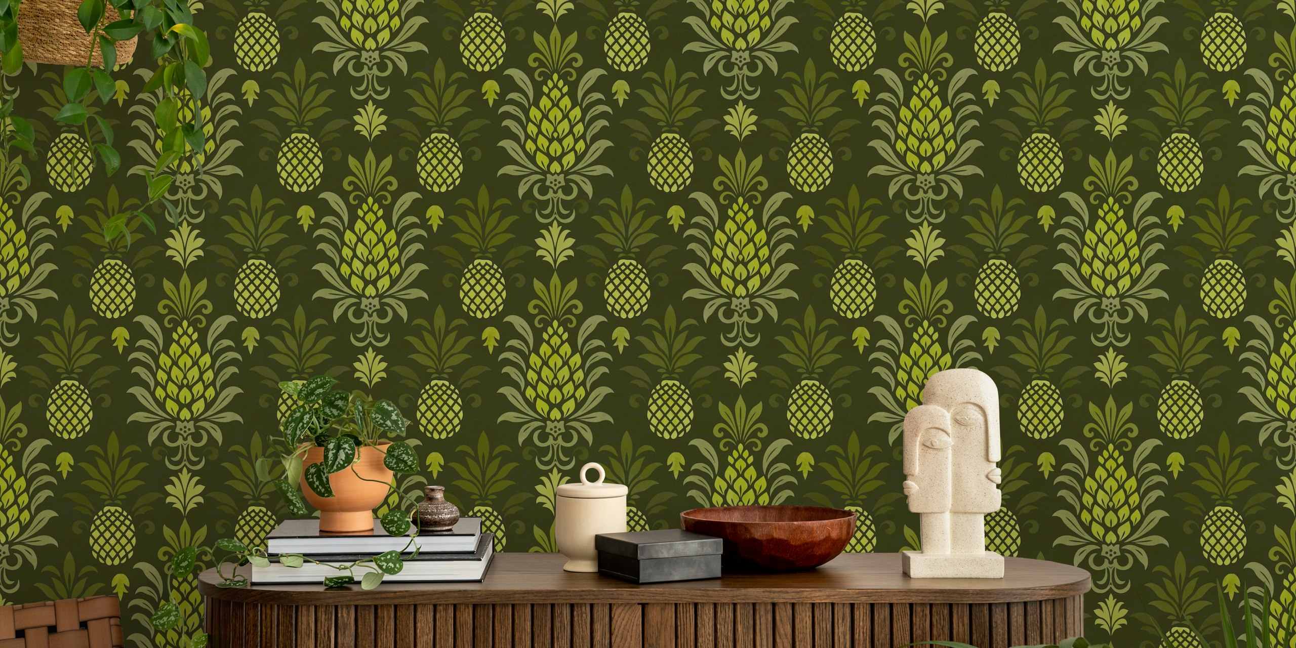 Modern monochrome pineapple wallpaper in a room