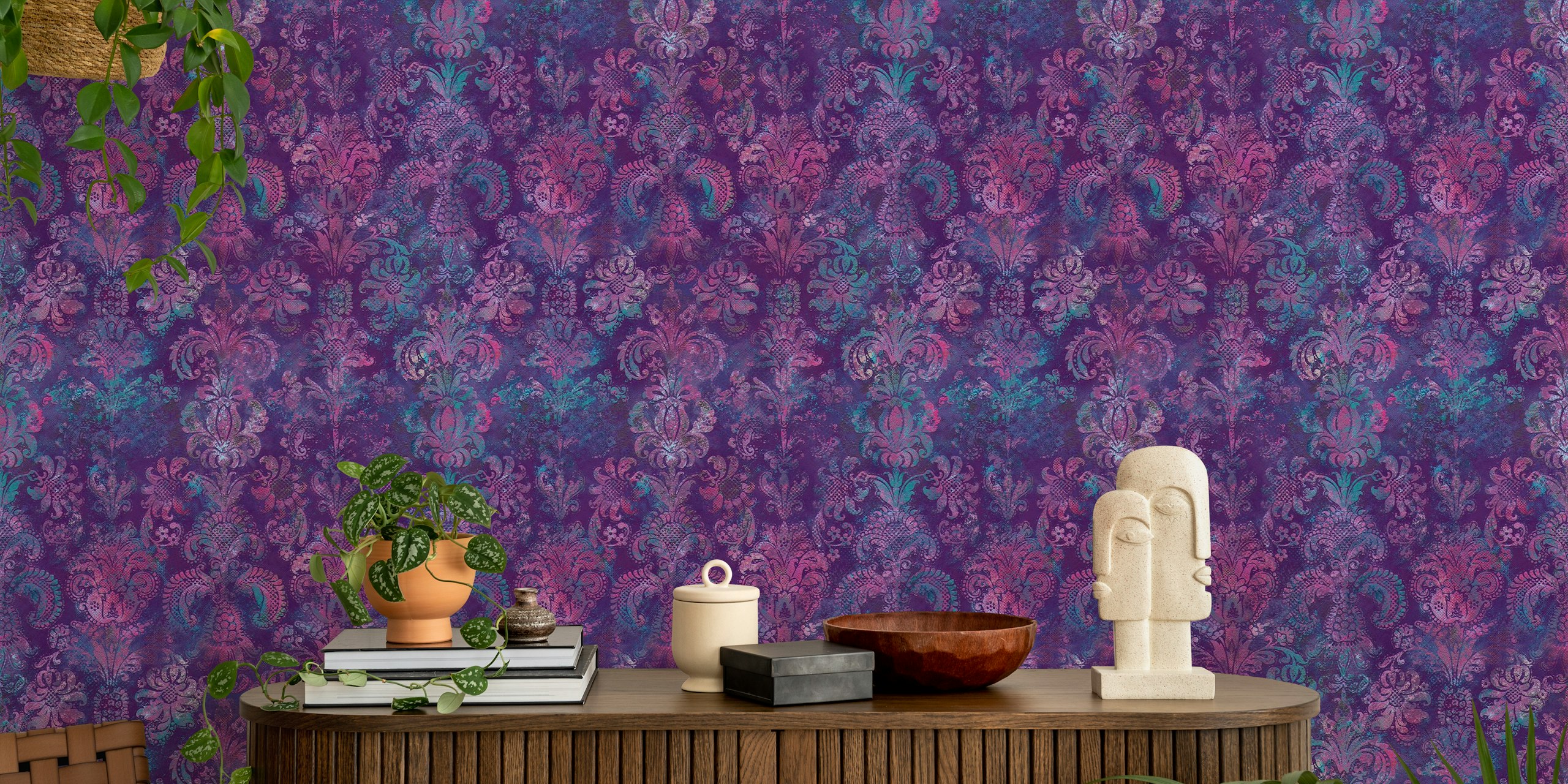 Grunge damask pattern i lilla turkis