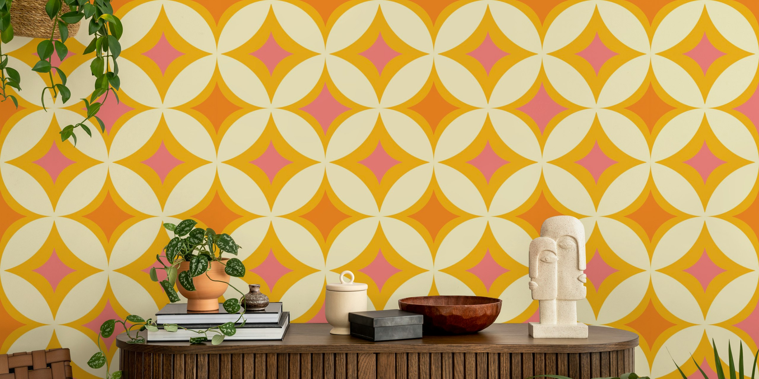 Retro tiles dot pink pattern wallpaper in a room