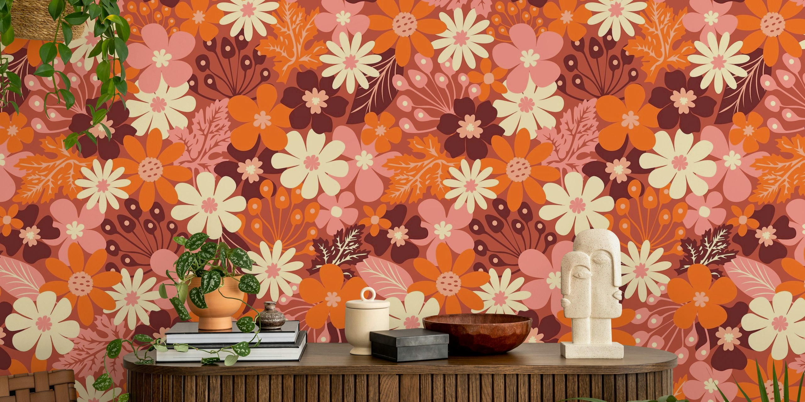 Colorful retro floral design in orange, pink, and cream wallpaper