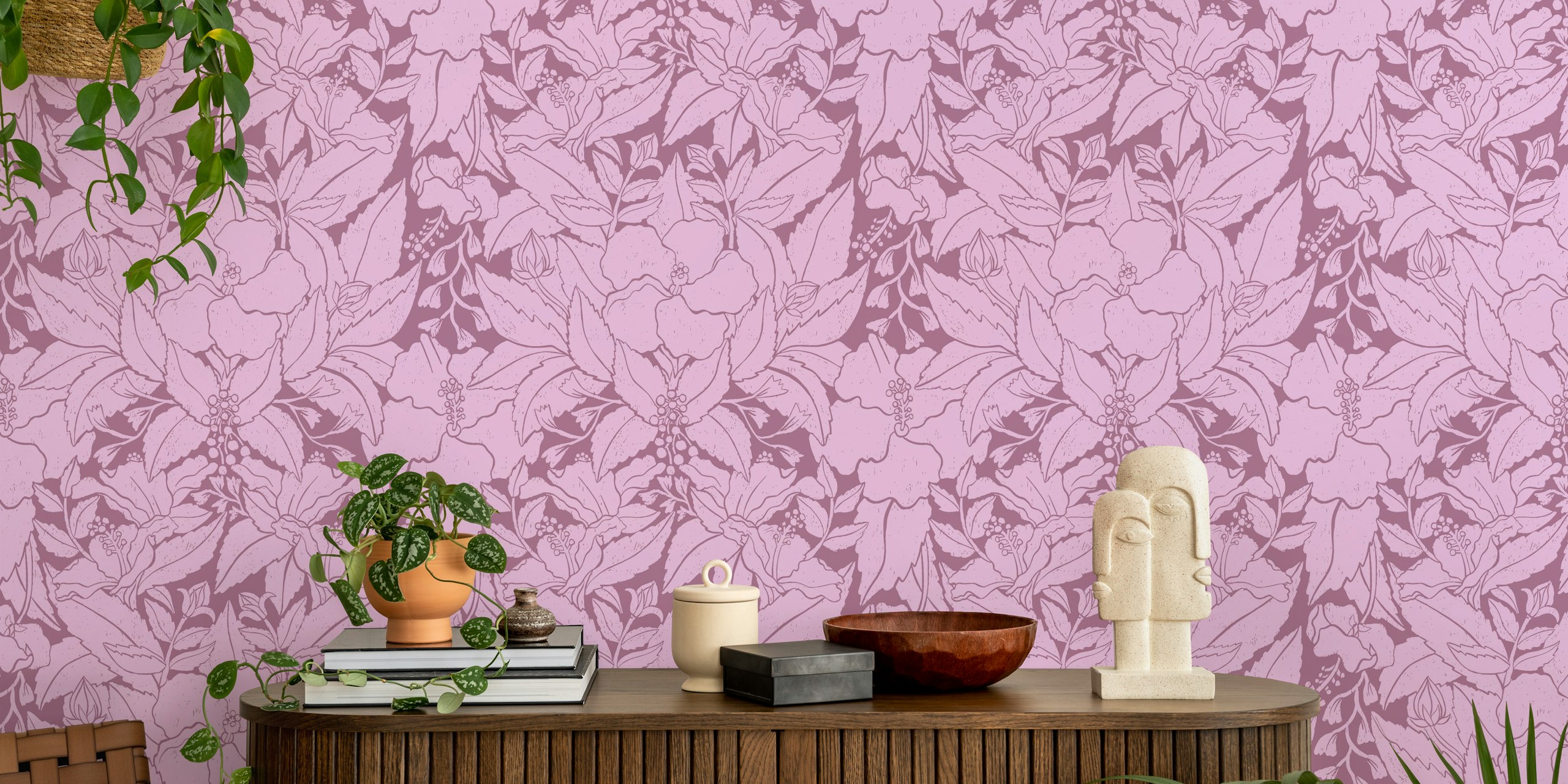 Hibiscus Damask Purple Tapete in einem Raum