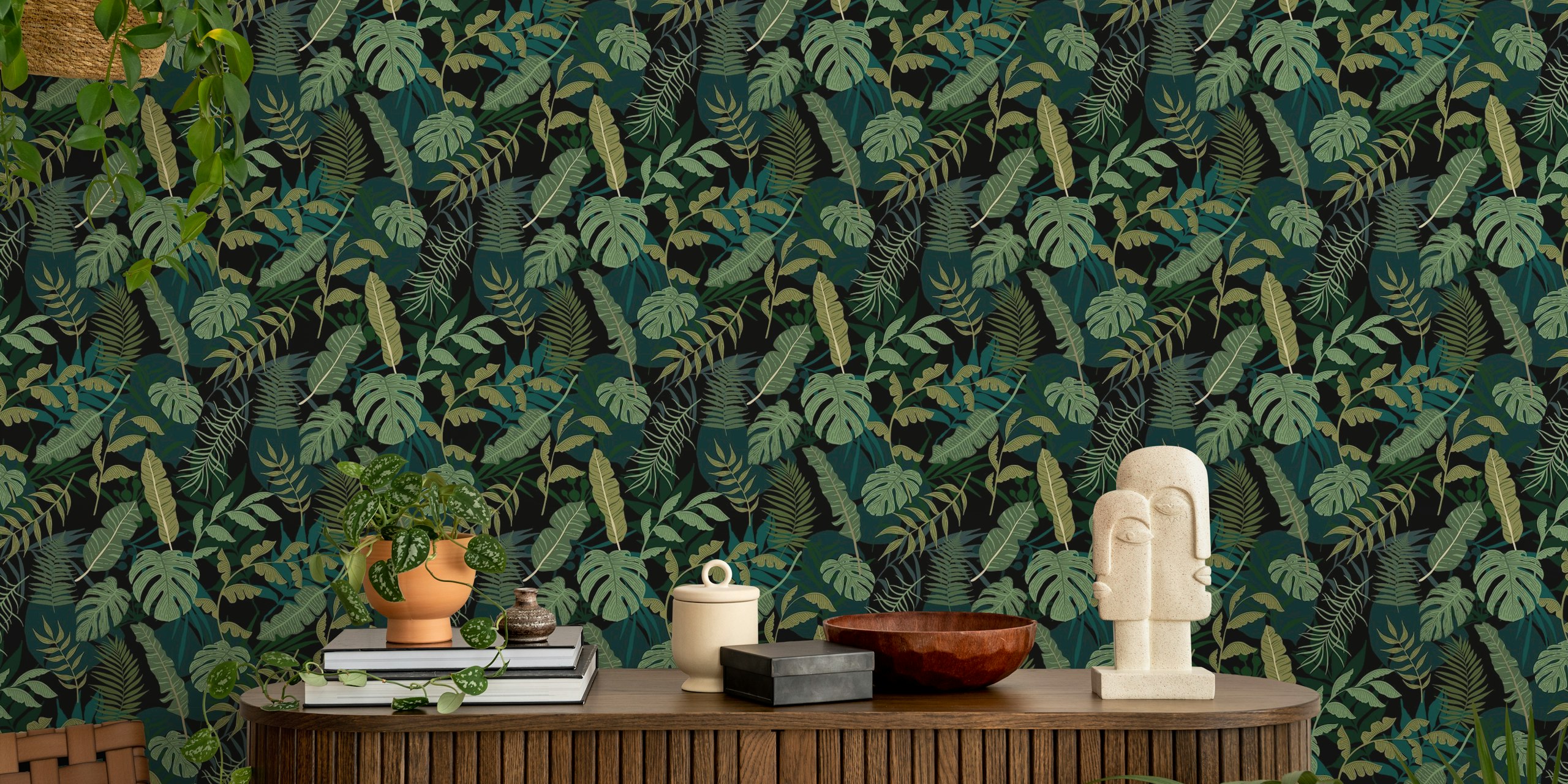 Monstera and palm leaves wallpaper in a room