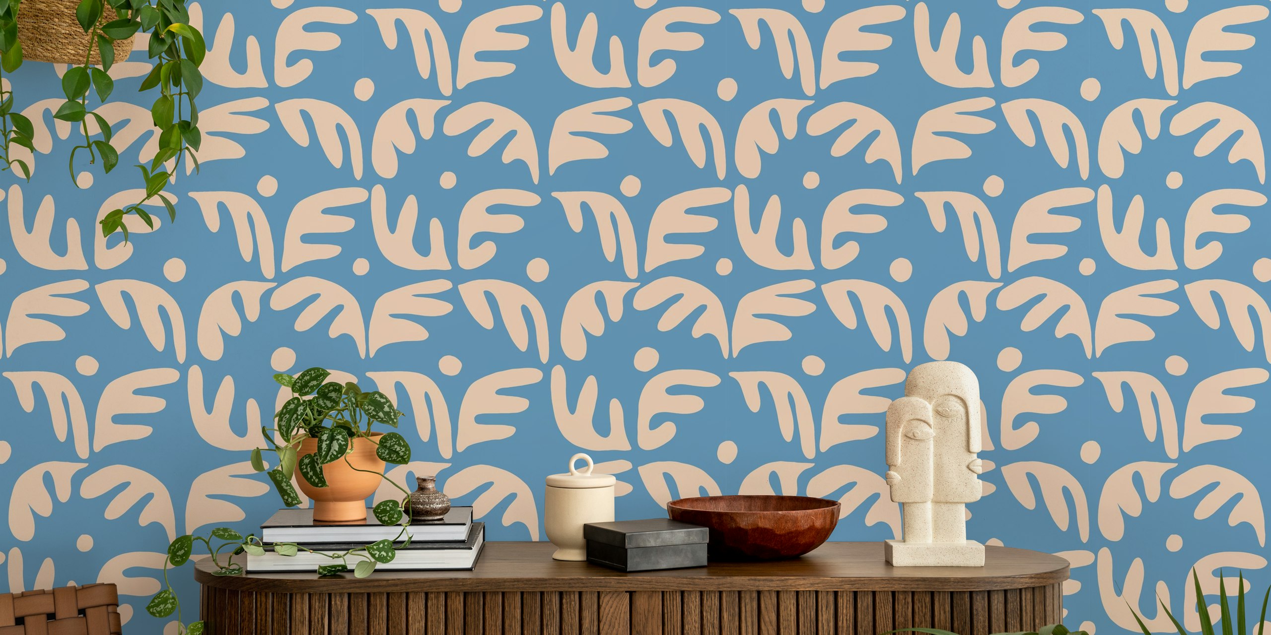 Palms in baby blue wallpaper in a room