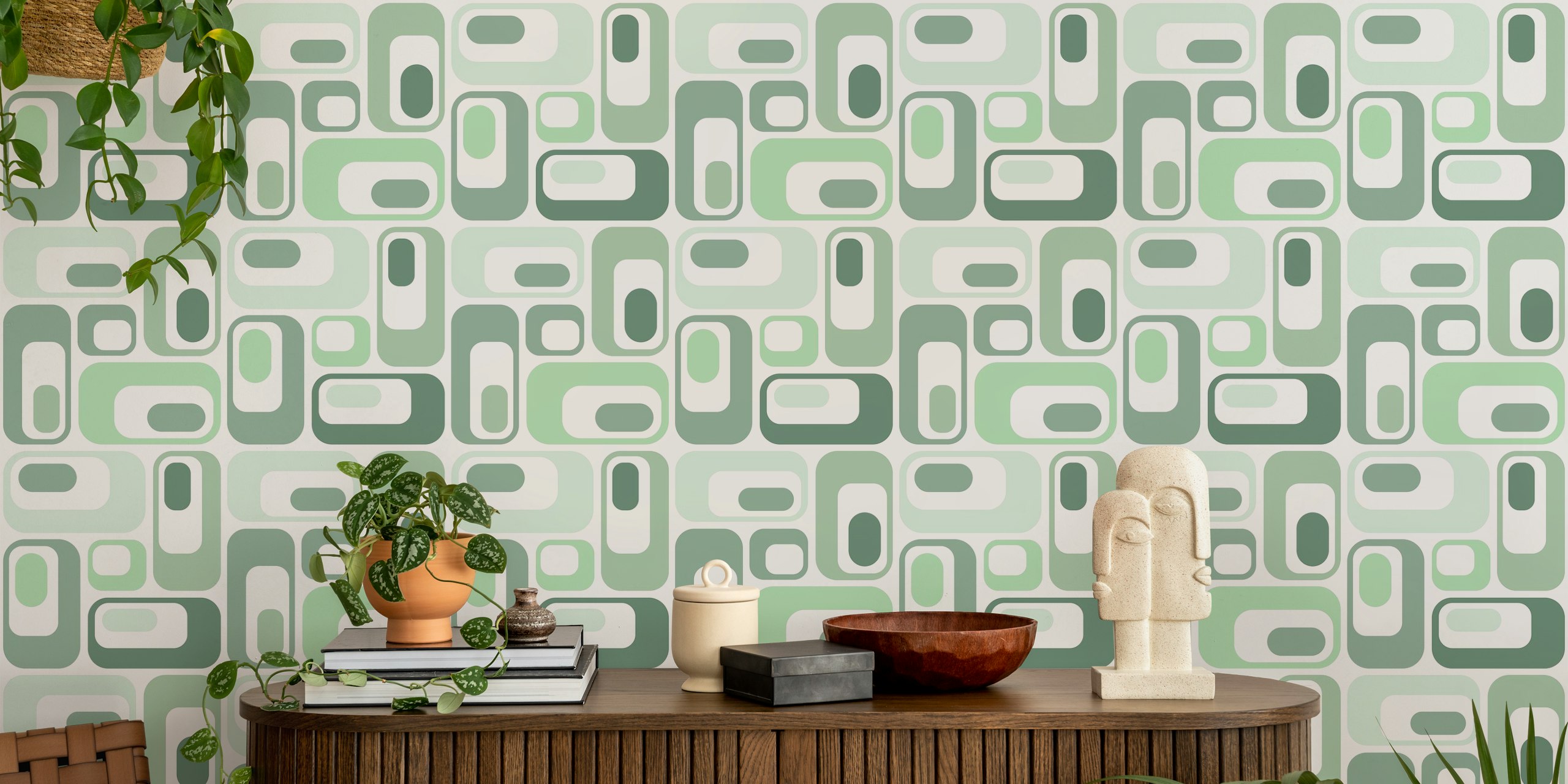 Retro Mod Ovals Mint Shades wallpaper in a room