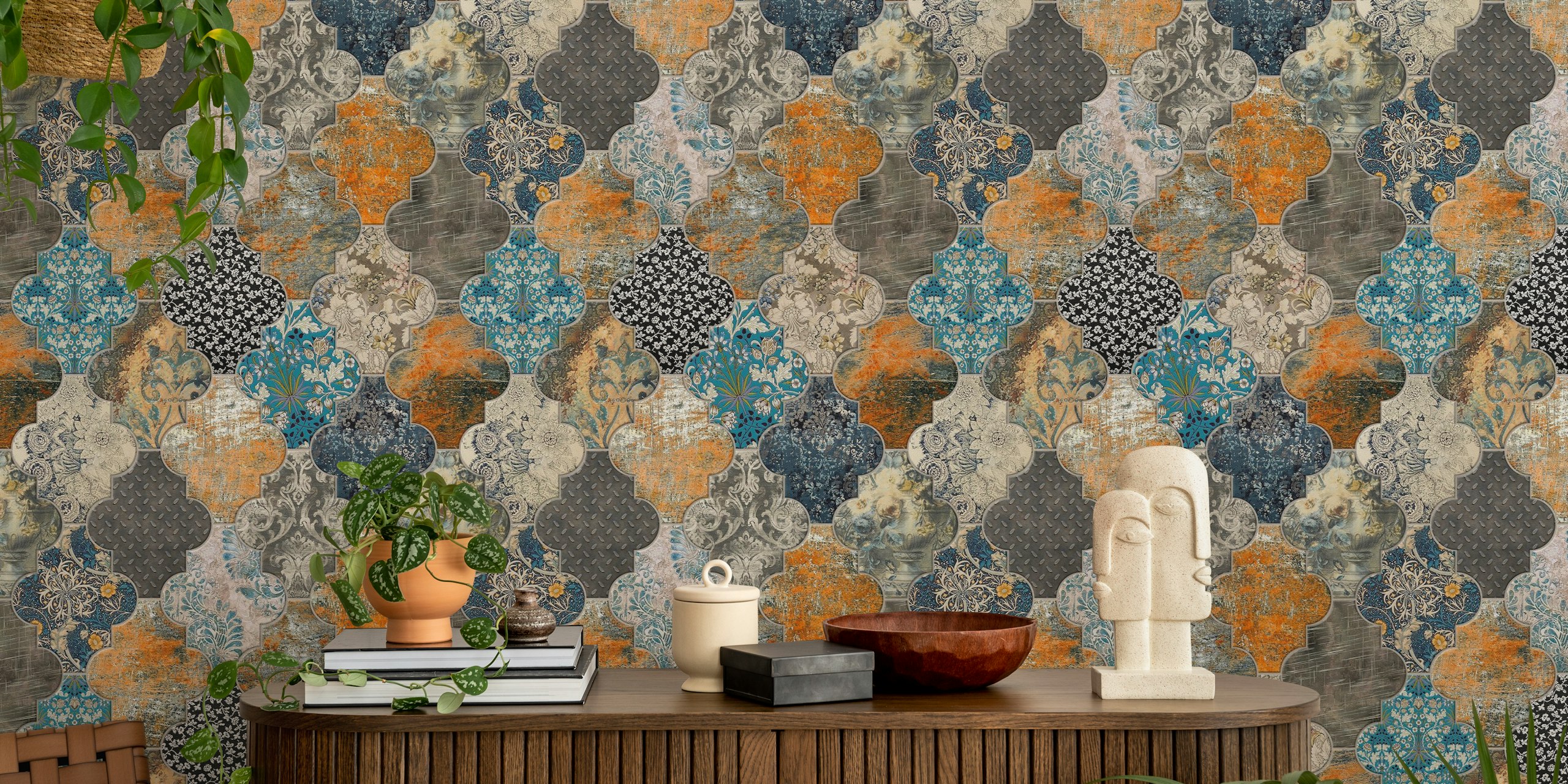 Moroccan Tiles Wall Mural in Orange and Blue with Large Pattern Design