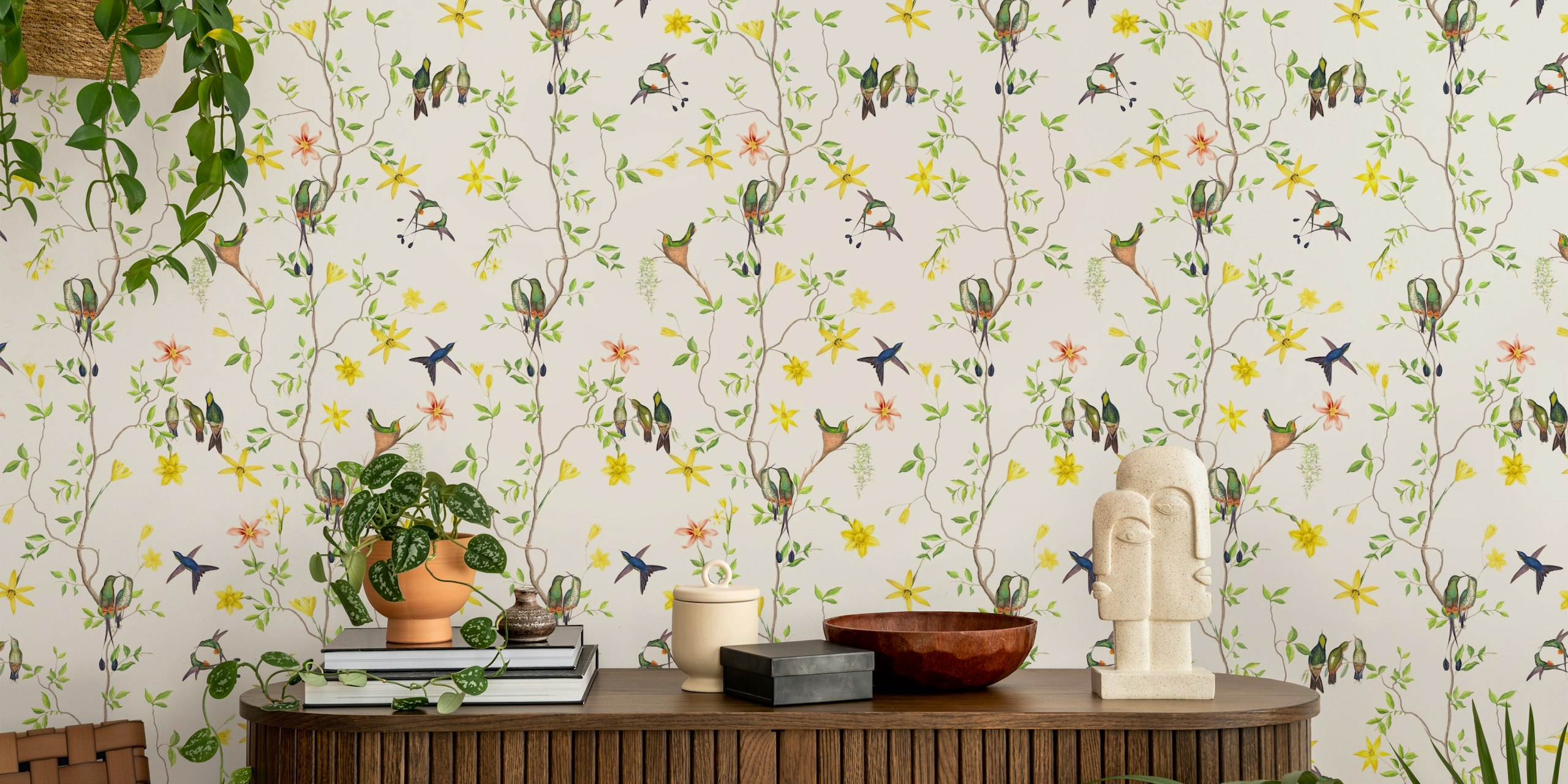 Floral vines with birds in pink and yellow on beige wallpaper