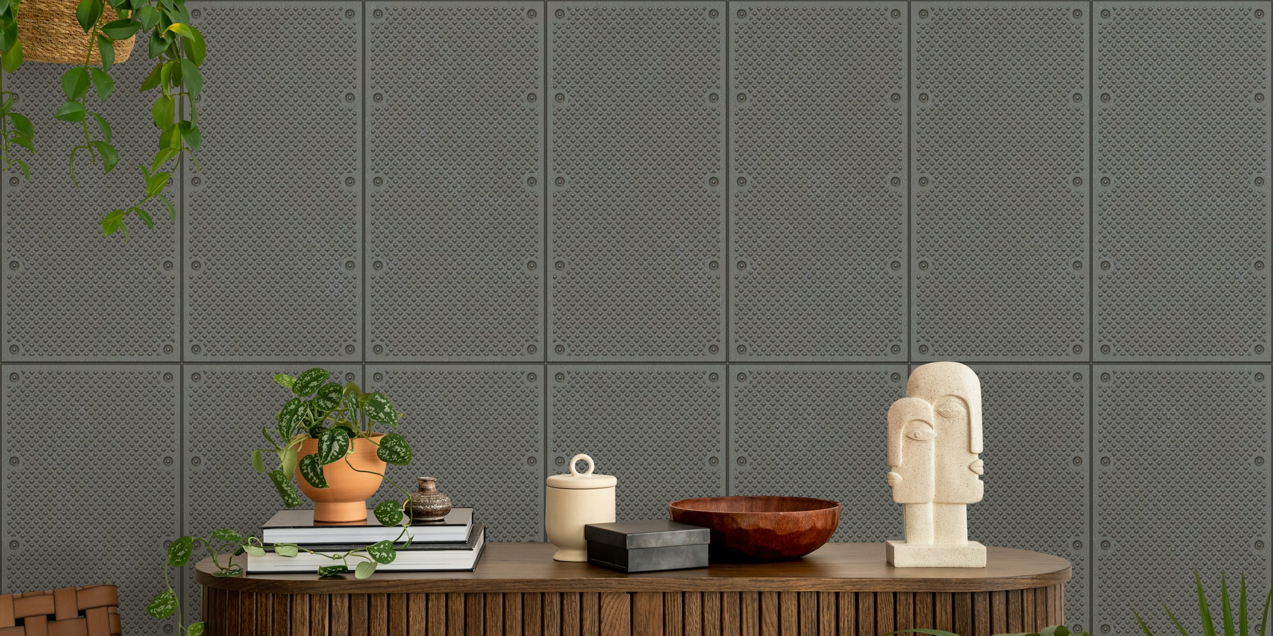 Industrial textured black wallpaper with raised pattern