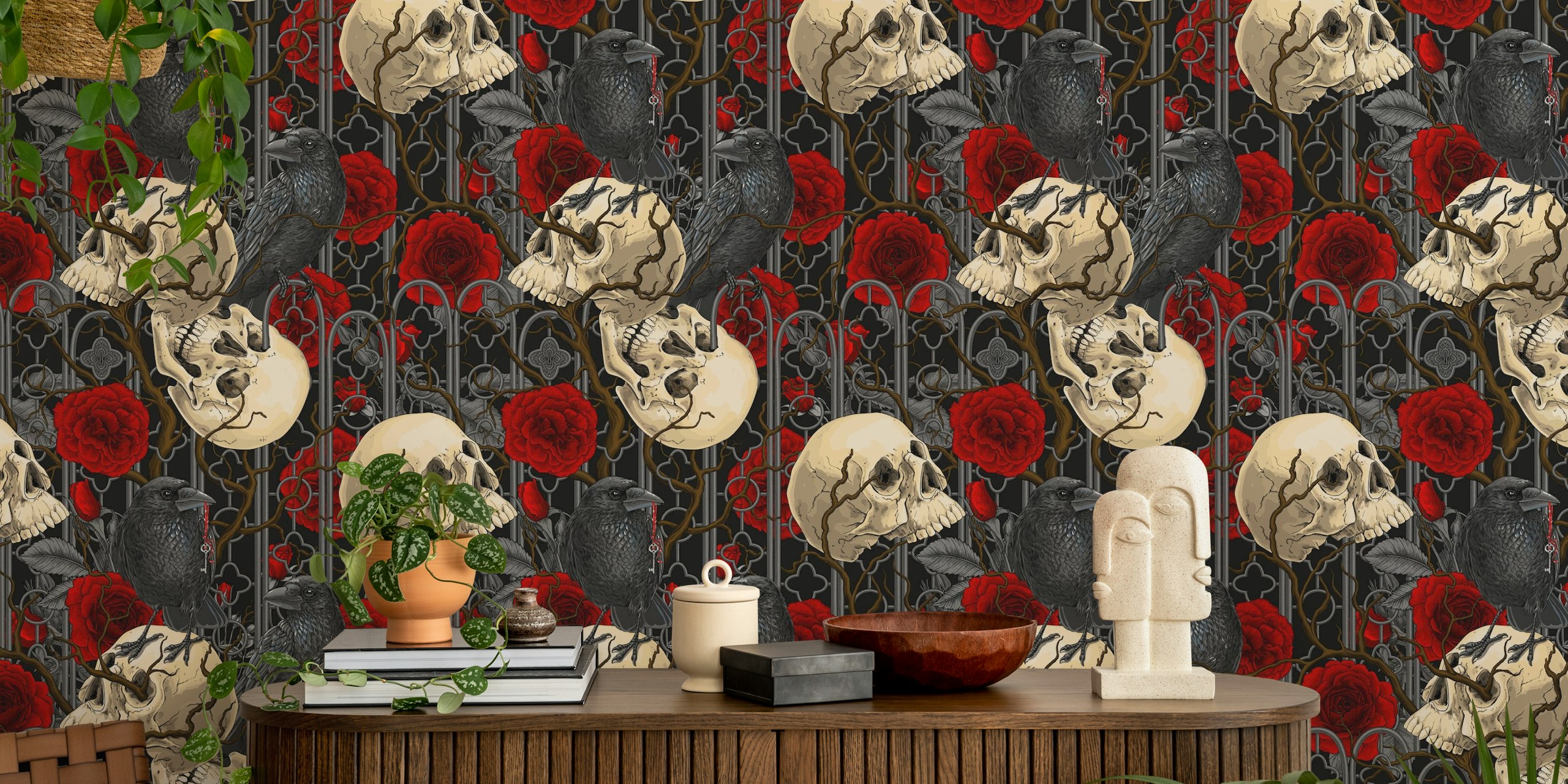 Gothic wallpaper design with ravens and skulls