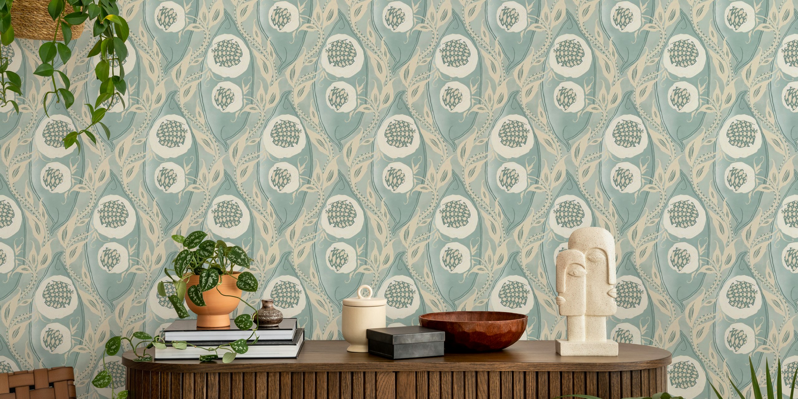 Floral pattern with large blooms and swirling leaves in duck egg blue and cream wallpaper