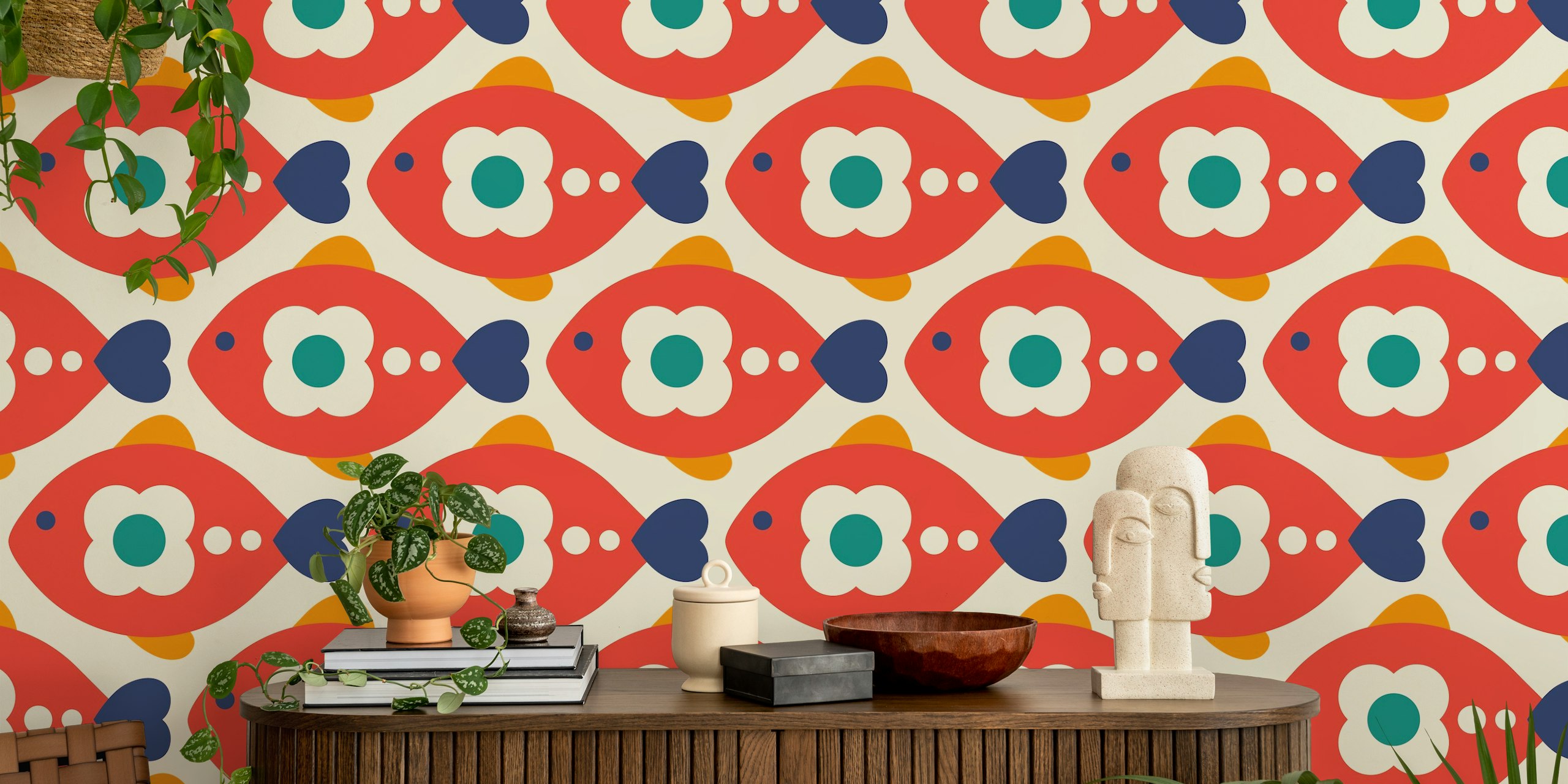 Colorful retro fish design with red, blue, and cream. Wallpaper.