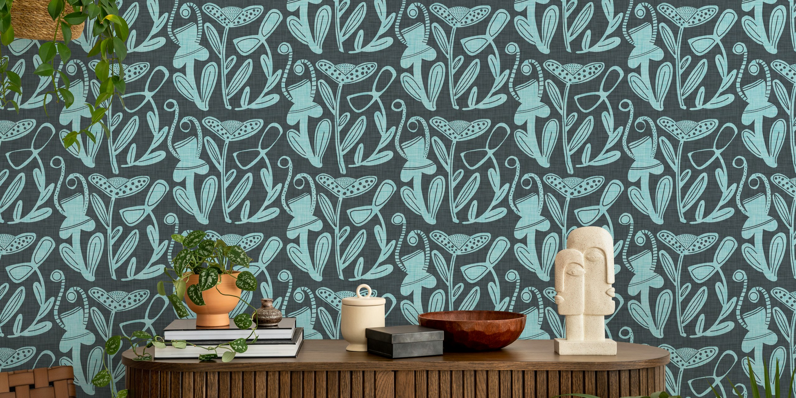 Boho-inspired bold blue floral patterned wallpaper