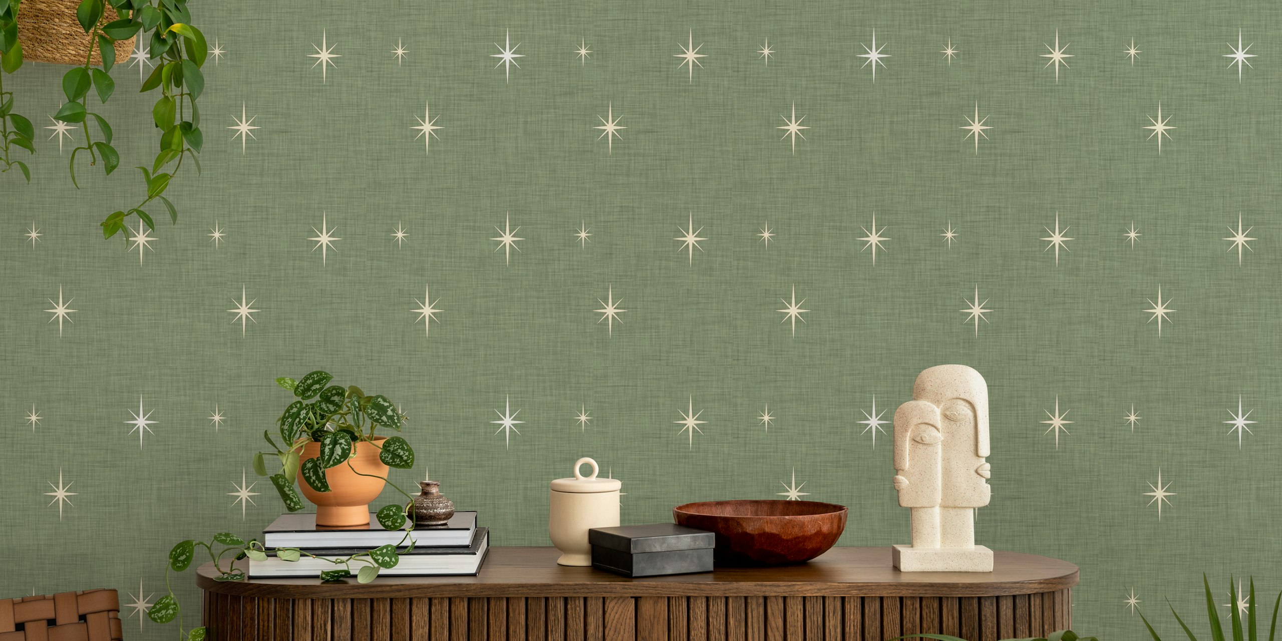 Mid Century Starburst Dark Sage wallpaper, light stars on green fabric