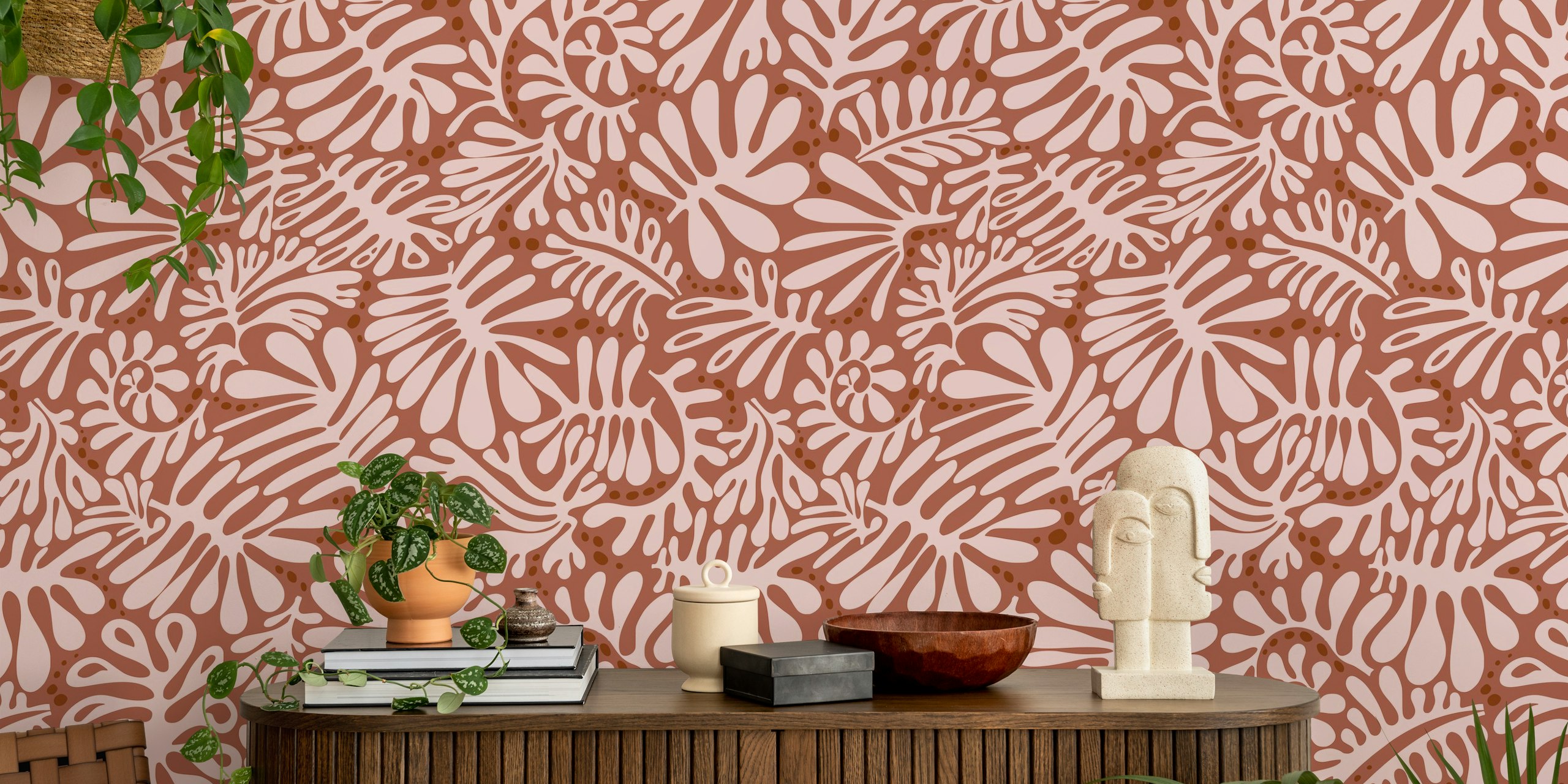 Fototapeta w stylu Matisse'a z motywem liści w odcieniach terakoty, rdzy i różu