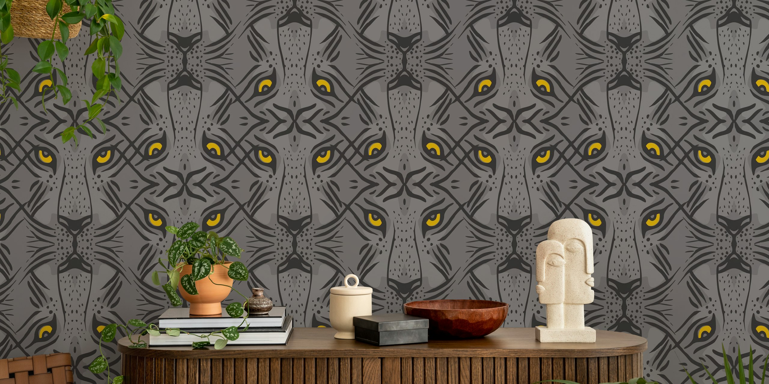 Tiger Eyes fotobehang met artistieke tijgers en opvallende gele ogen op een grijze achtergrond