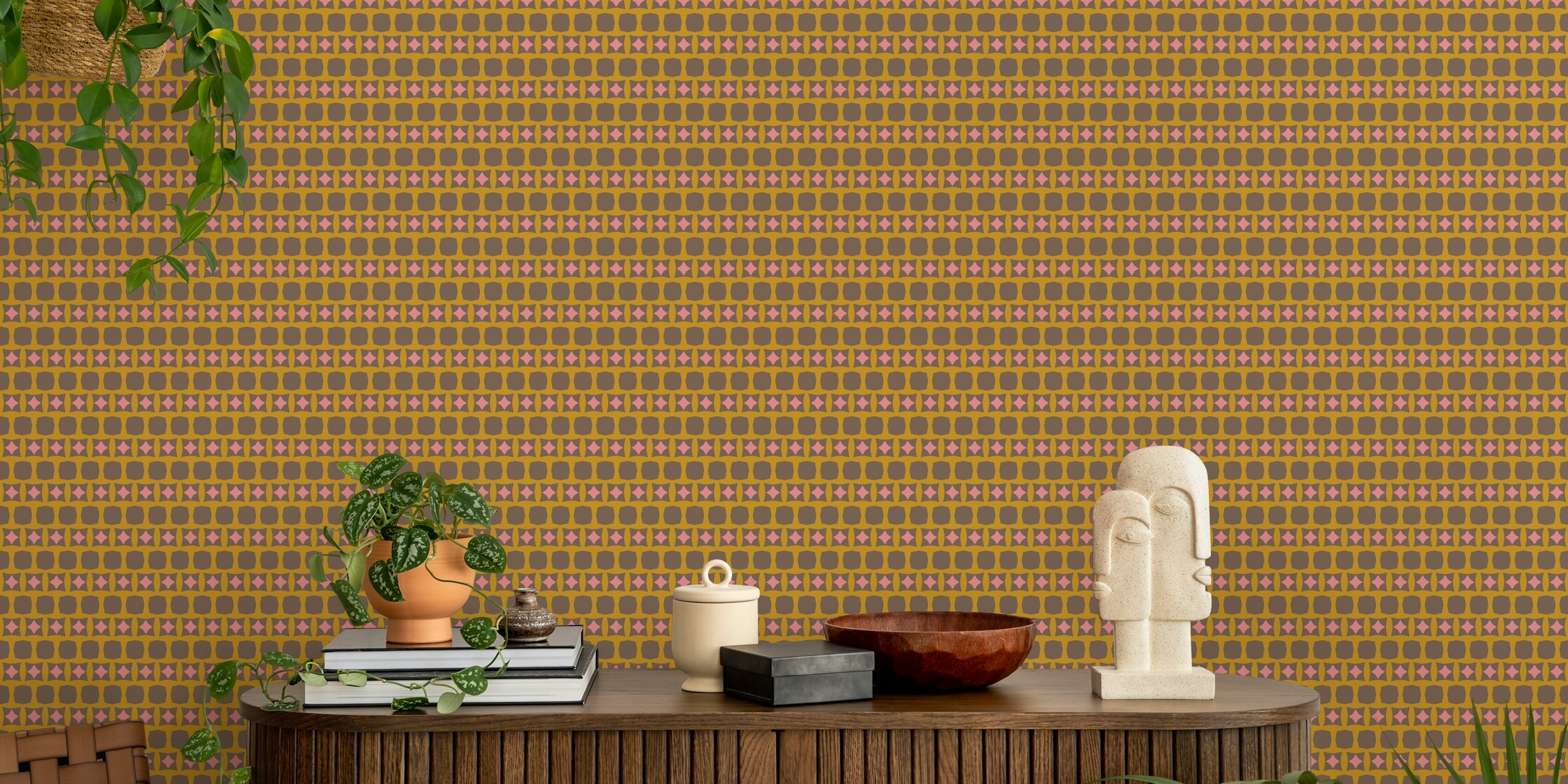 Earthy mustard and brown geometric wallpaper