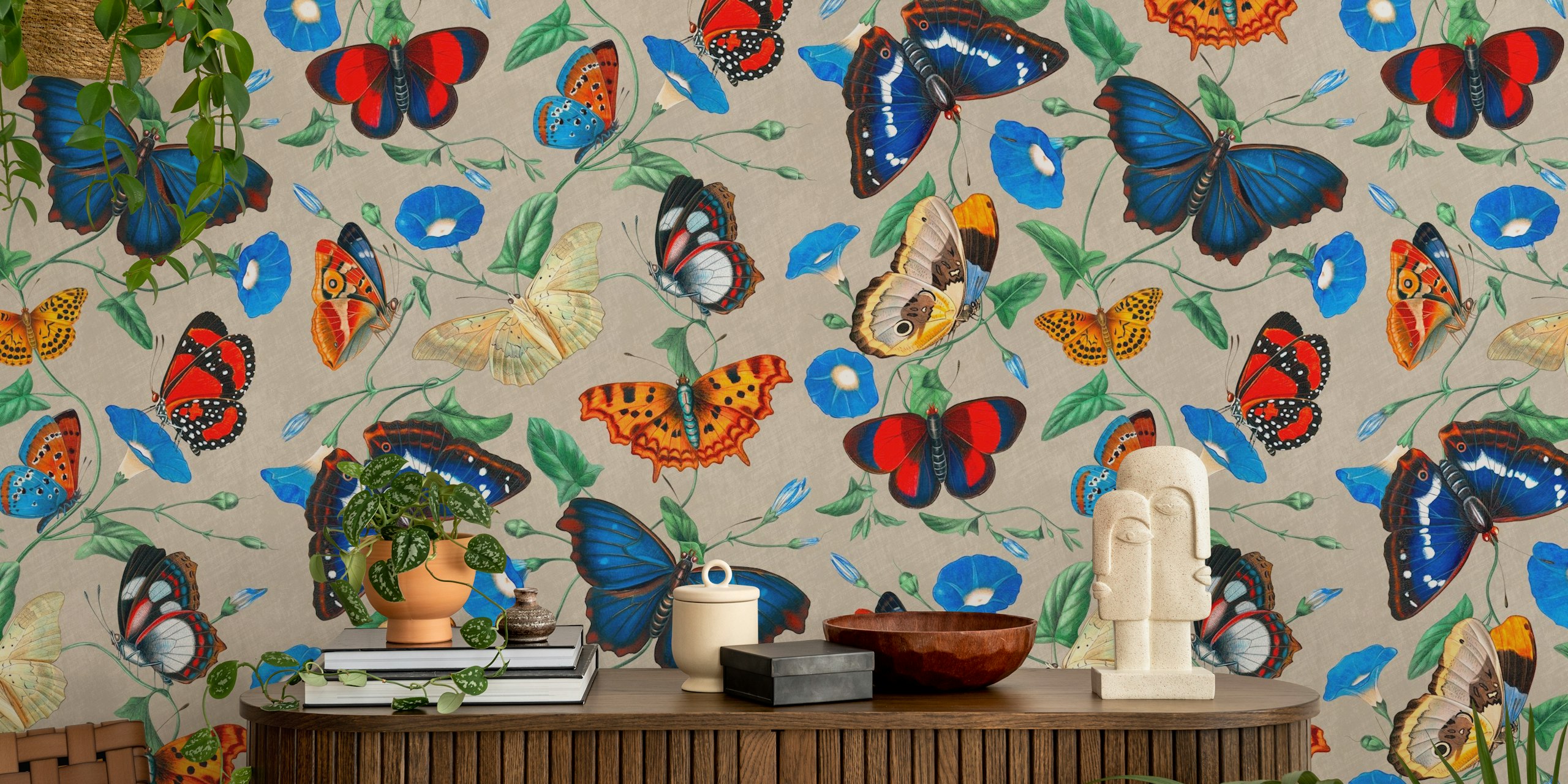 Butterfly wall mural featuring morning glory flowers in greige tones