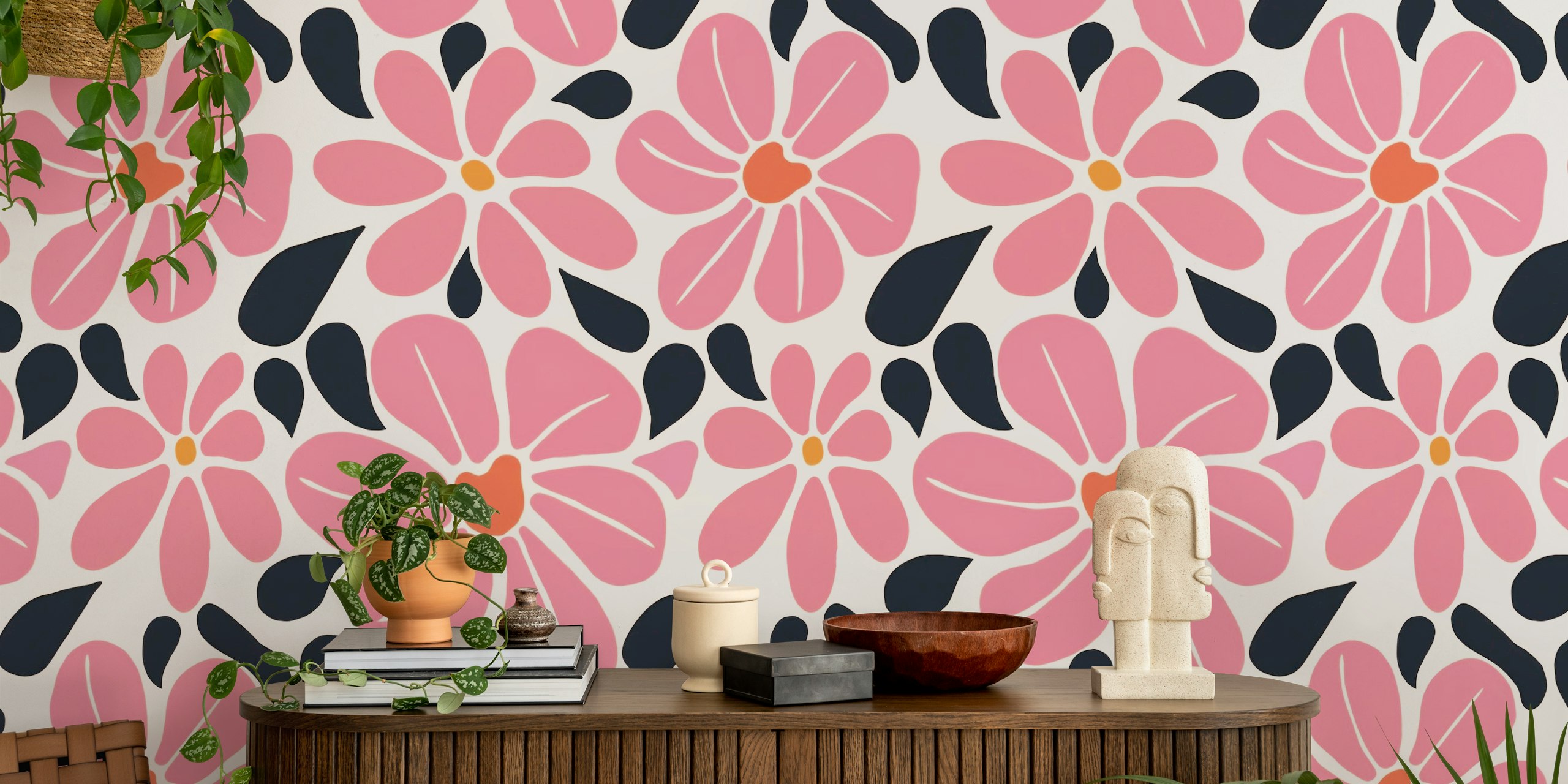 Retro Pink Groovy Flower Meadow σε ένα δωμάτιο