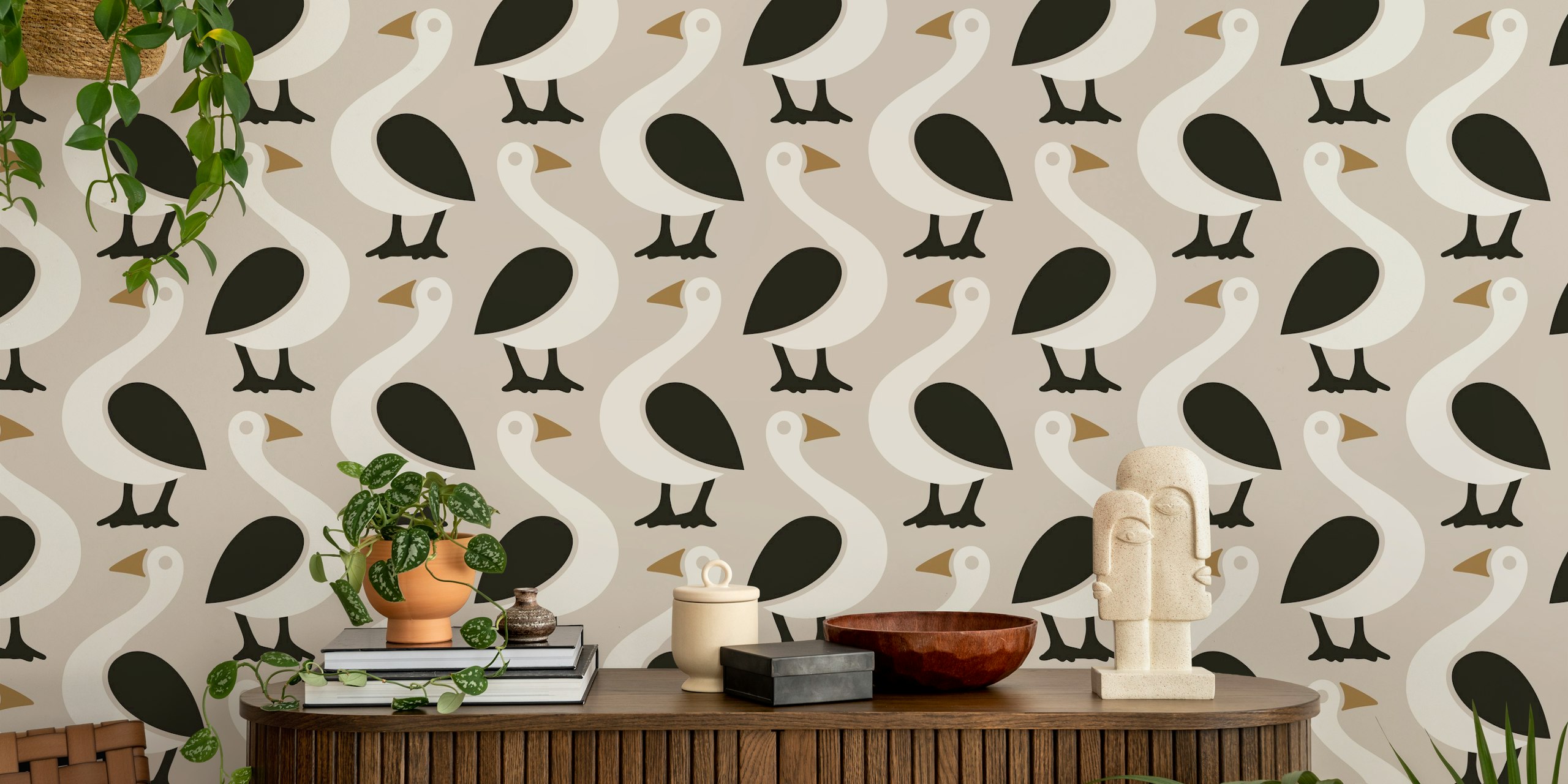 Funny goose pattern in neutral brown and creme wallpaper