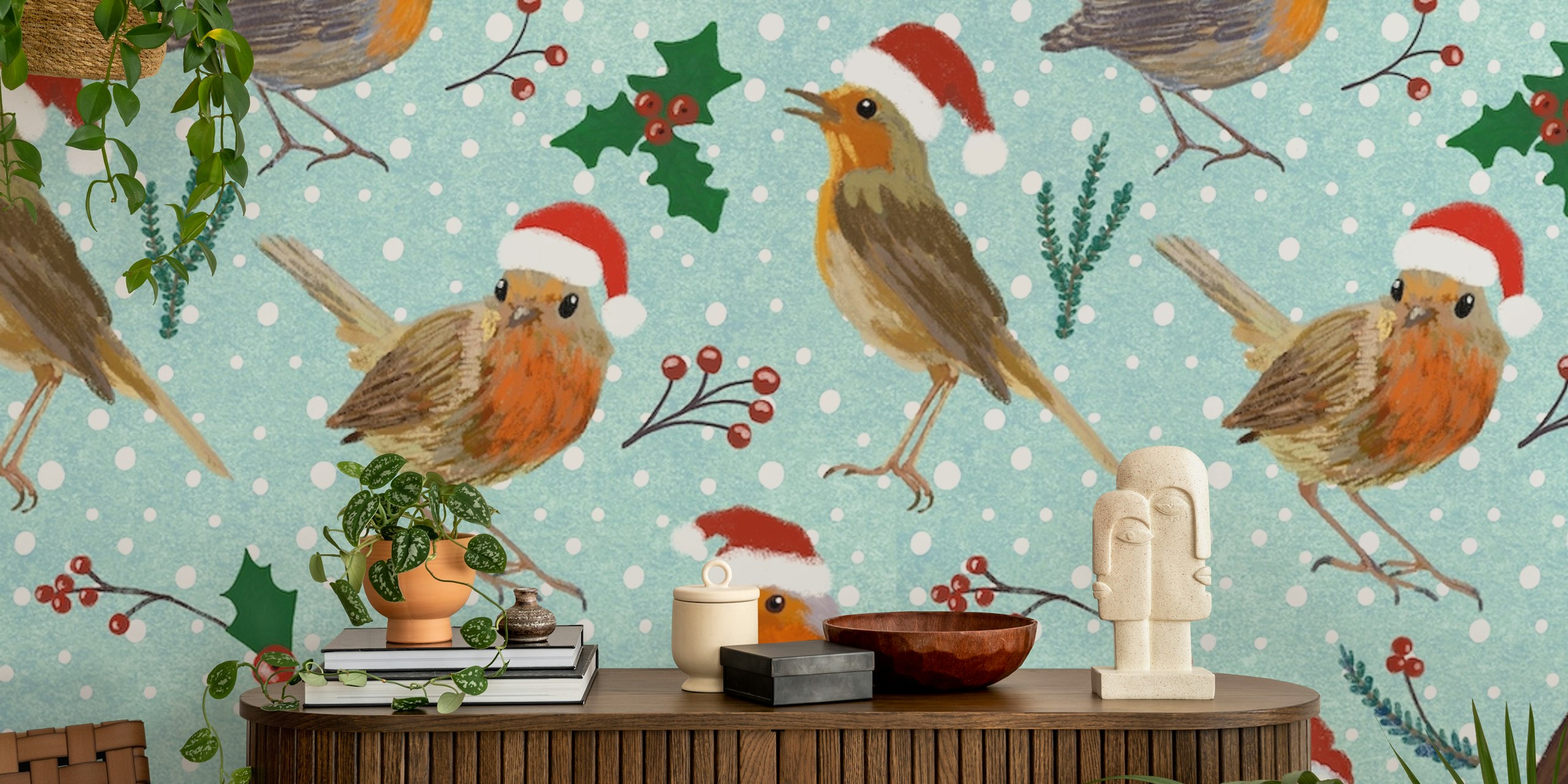Robin birds in Santa hats winter wall mural with snowflakes and holly leaves