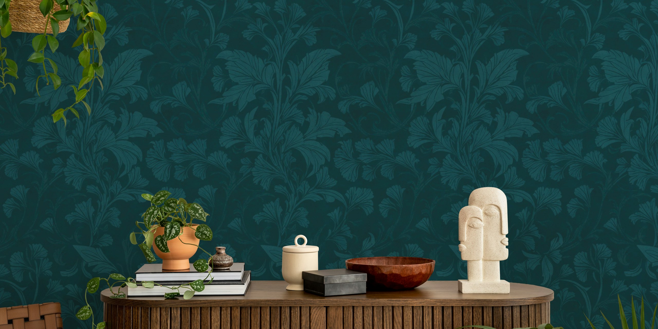 William Morris style monochrome flourish damask pattern wall mural in emerald teal