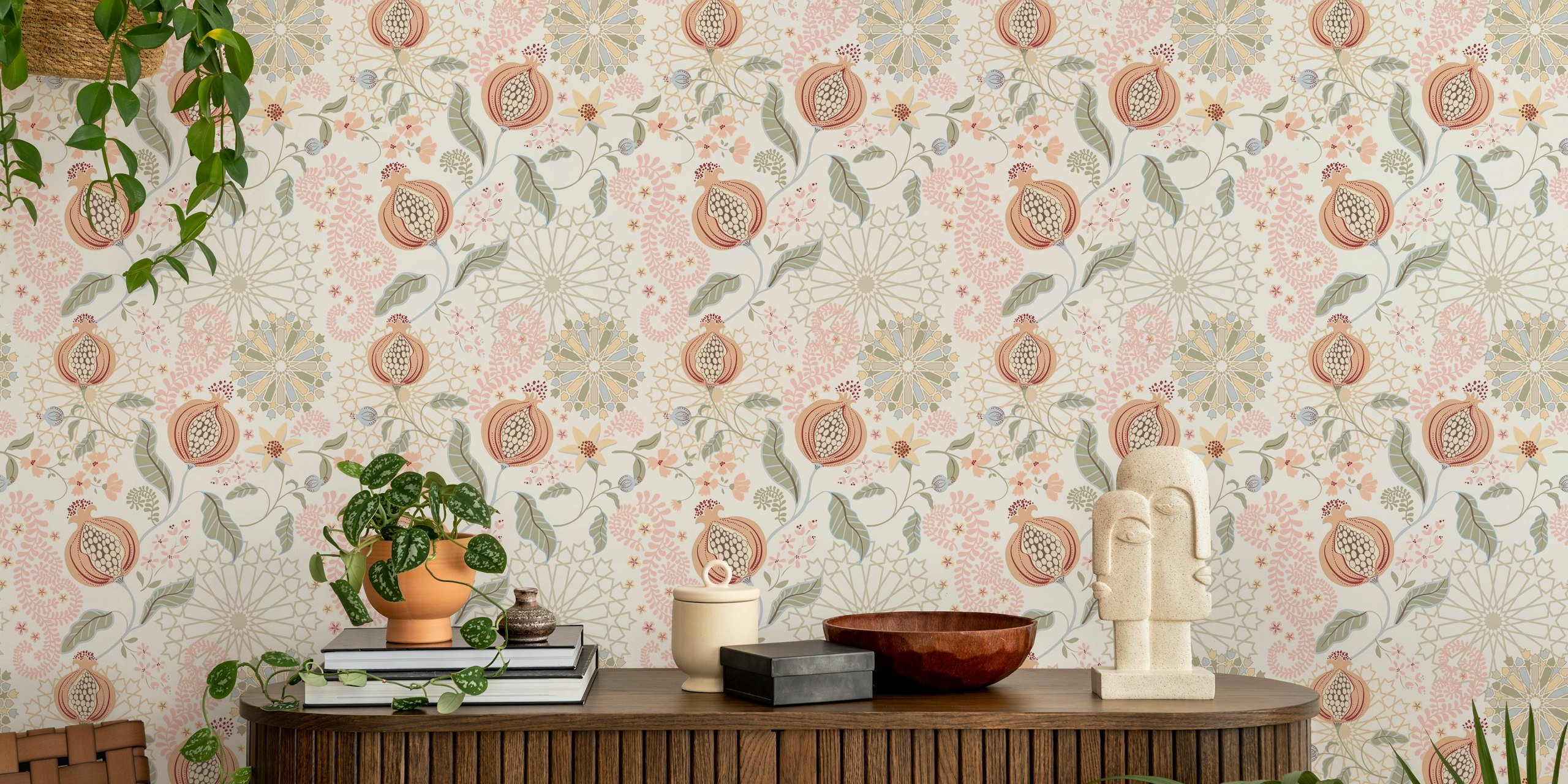 Mediterranean Pomegranate Og Blomster Tapetdesign