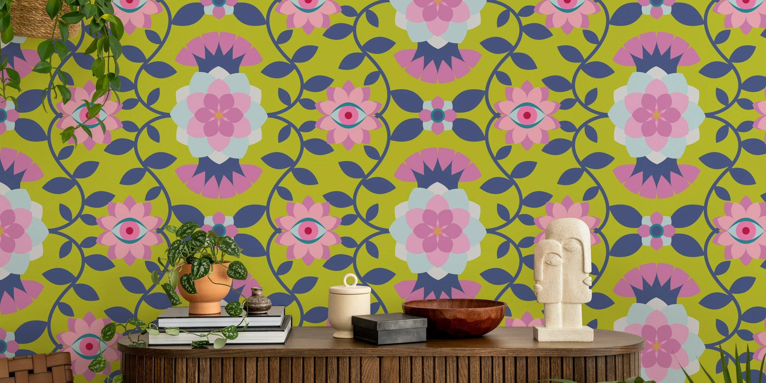 Bold Exotic Floral Pink Lime Blue wall mural with vibrant flowers and leaves pattern