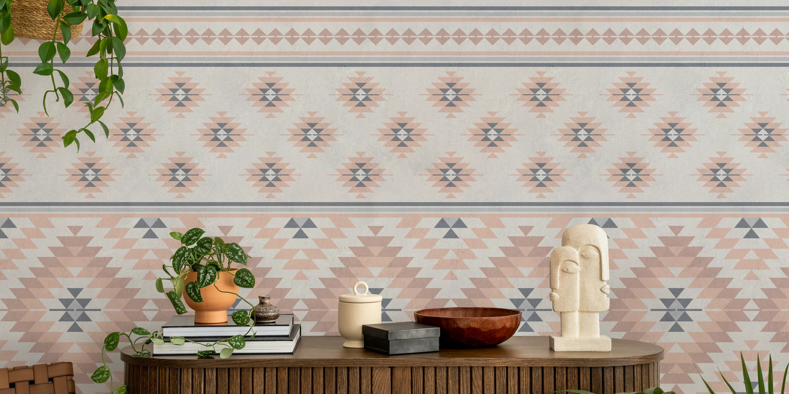 Mural de parede Kilim Stripes em Blush Pink Grey com padrões étnicos