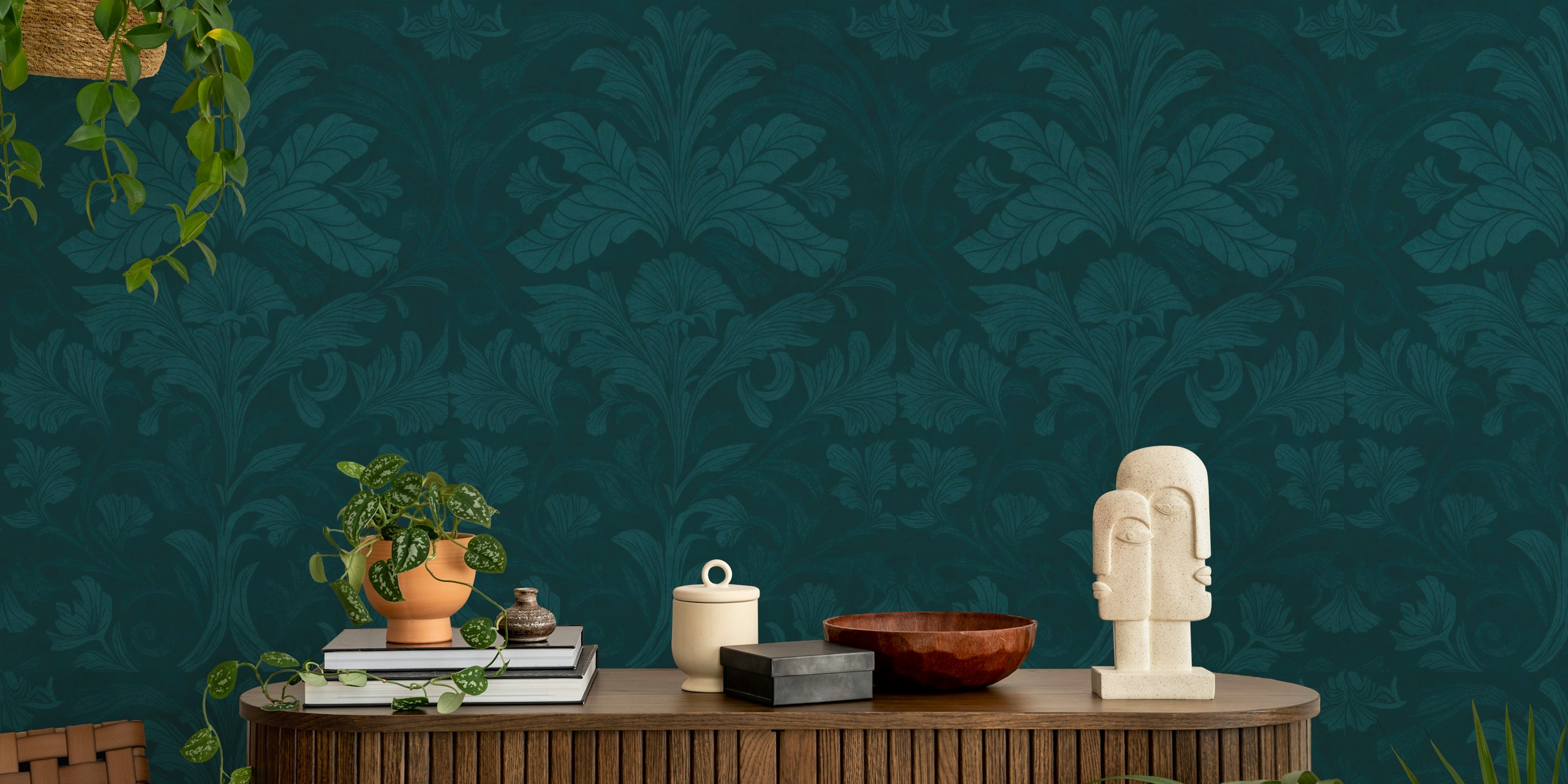 Mural de parede com padrão de damasco estilo William Morris em verde-esmeralda