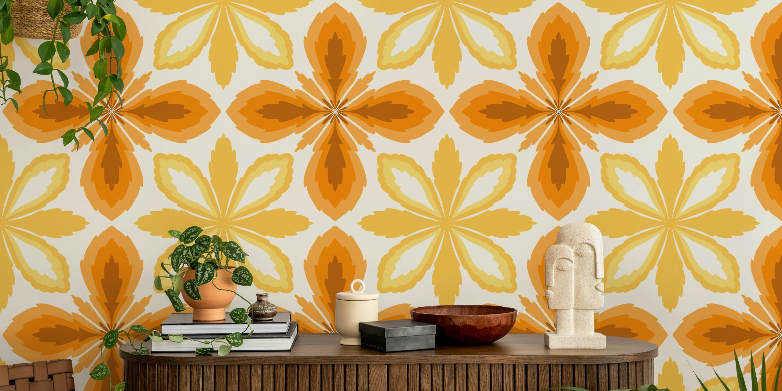Ornate yellow and orange tile wallpaper in a room