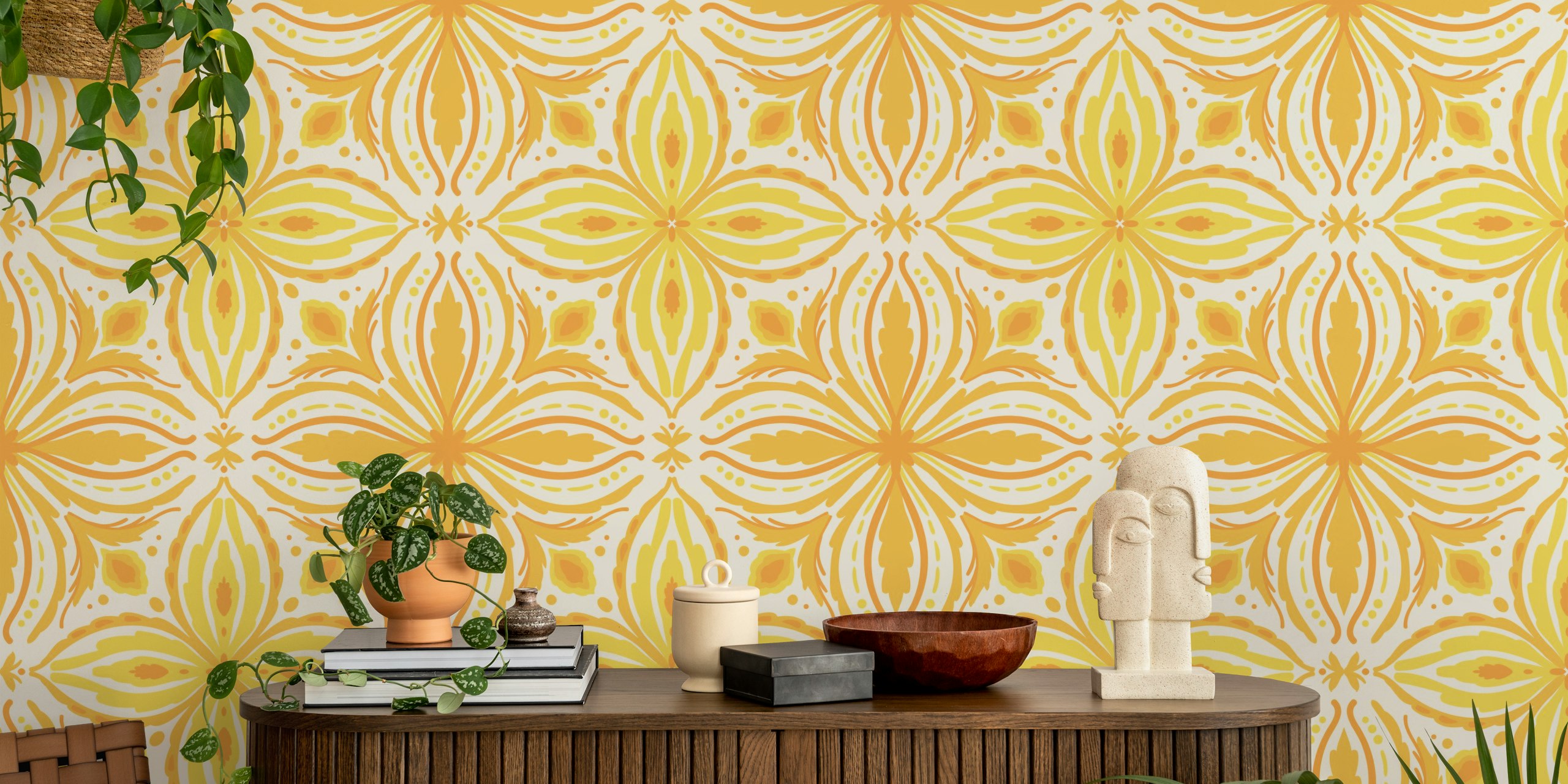 Symmetrical ornate tile pattern wall mural in yellow and orange