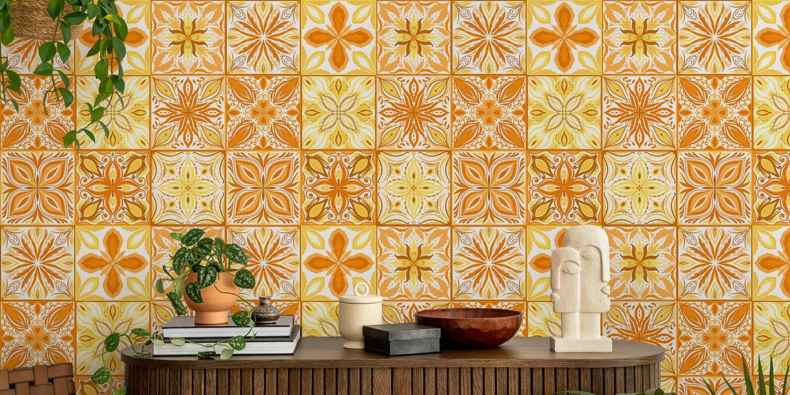 Ornate tiles in orange and yellow papel pintado en la habitación