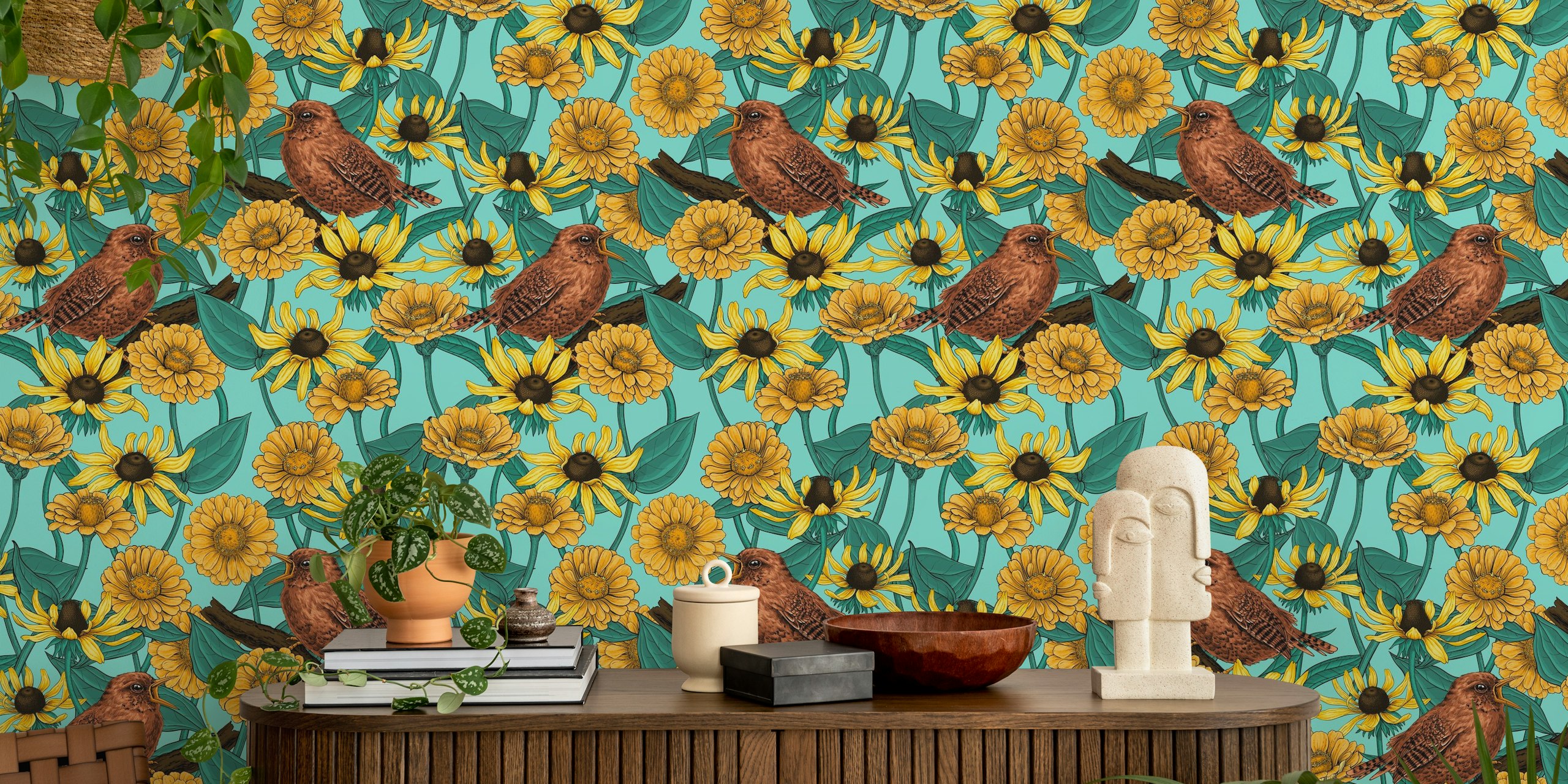 Wall mural of wrens and yellow flowers on a light blue background