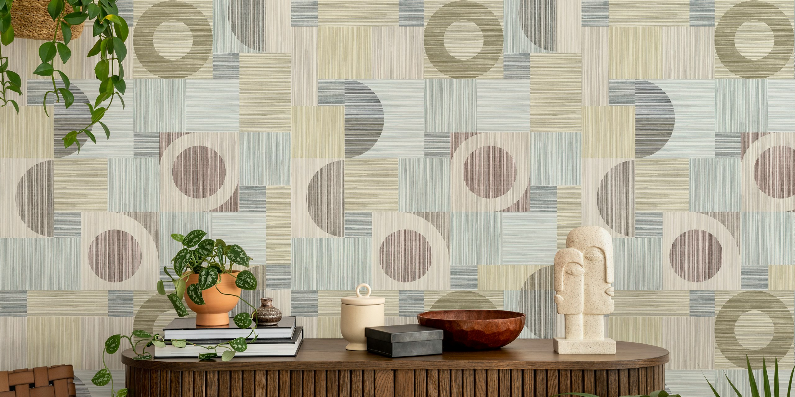 Fototapeta Geo-Stripes s béžovými a šedými geometrickými pruhy a kruhy