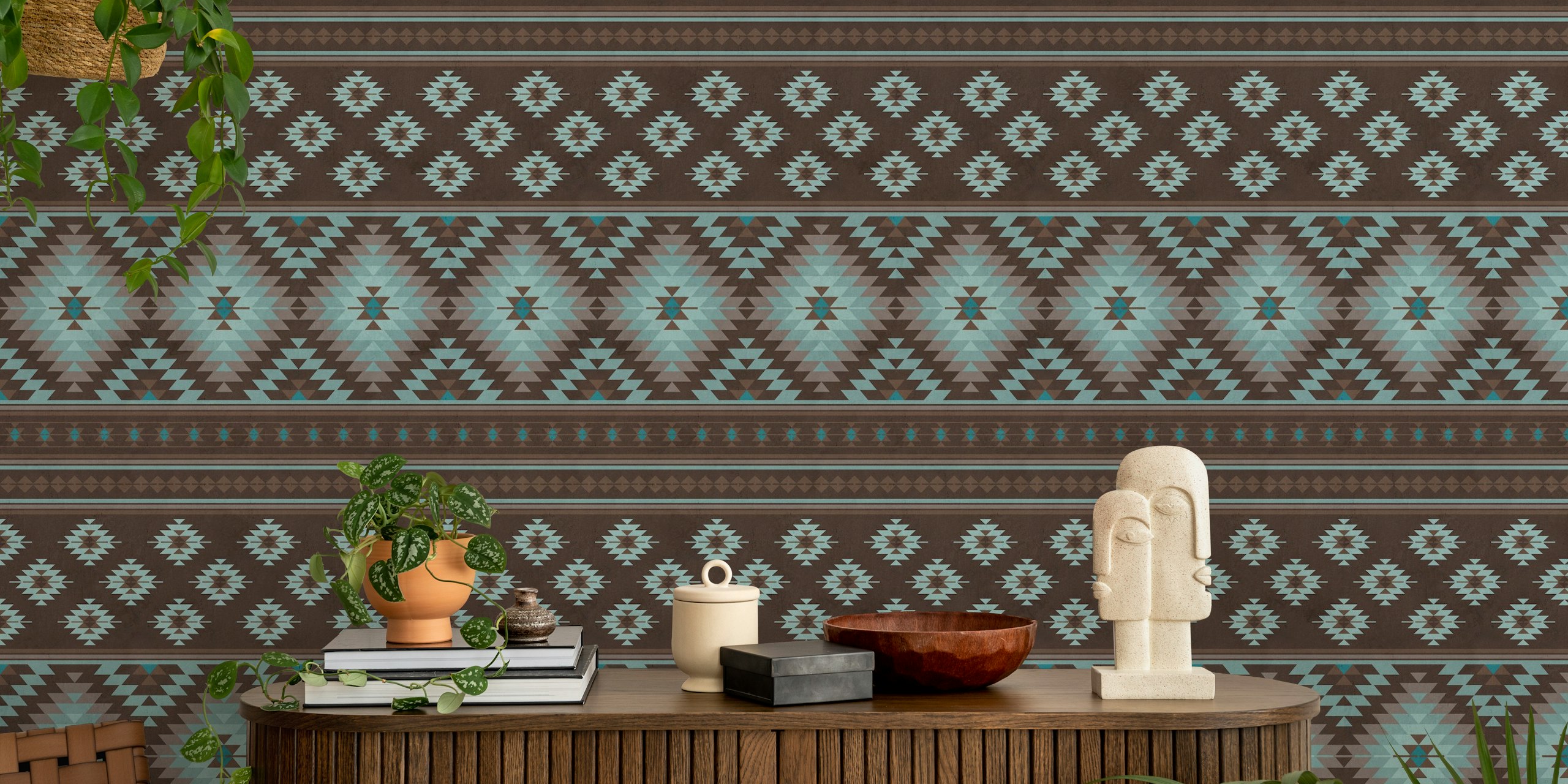 Kilim stripes in brown and blue wallpaper in a room