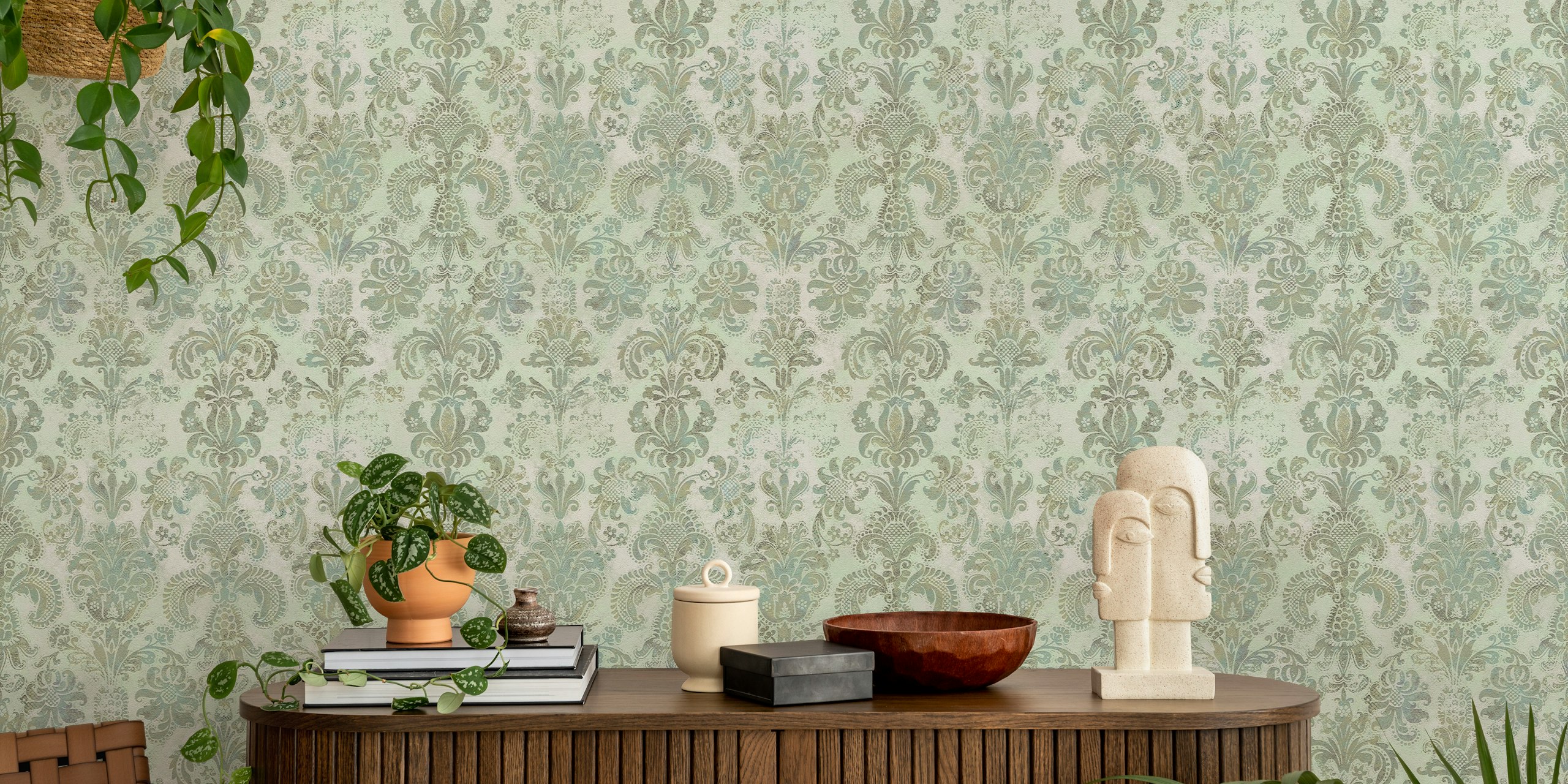 Grunge damask pattern σε ταπετσαρία φασκομηλιά μέντα