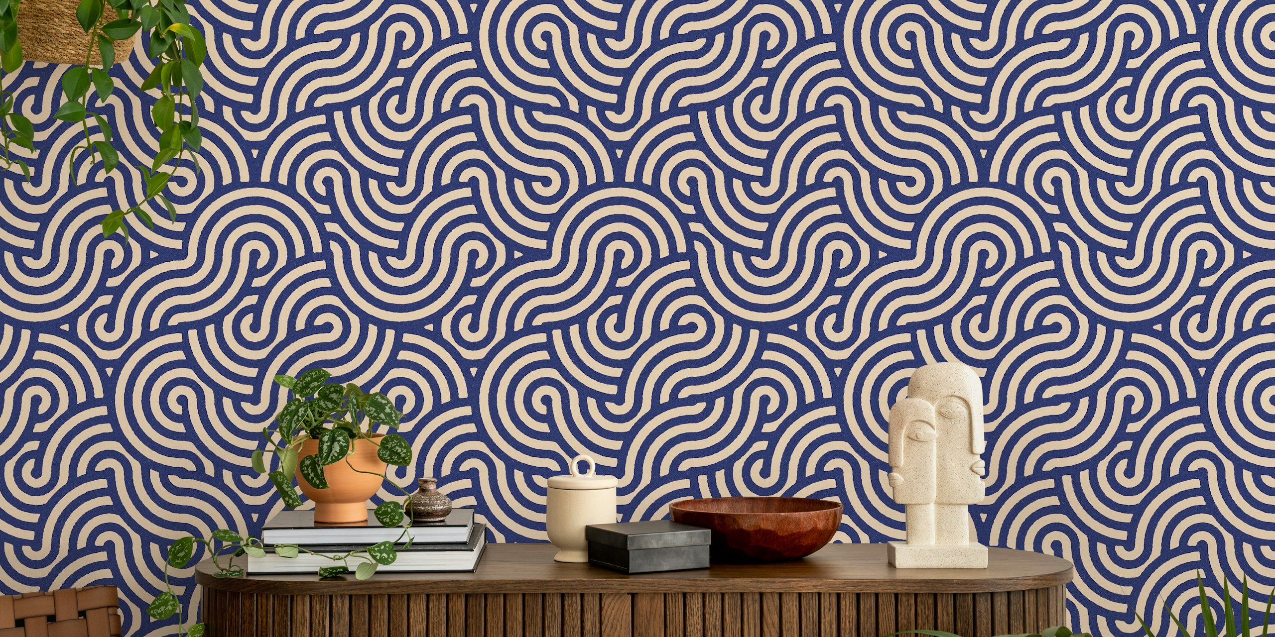 Swirl Lapis Sininen Ja Almond Tapetti Huoneessa