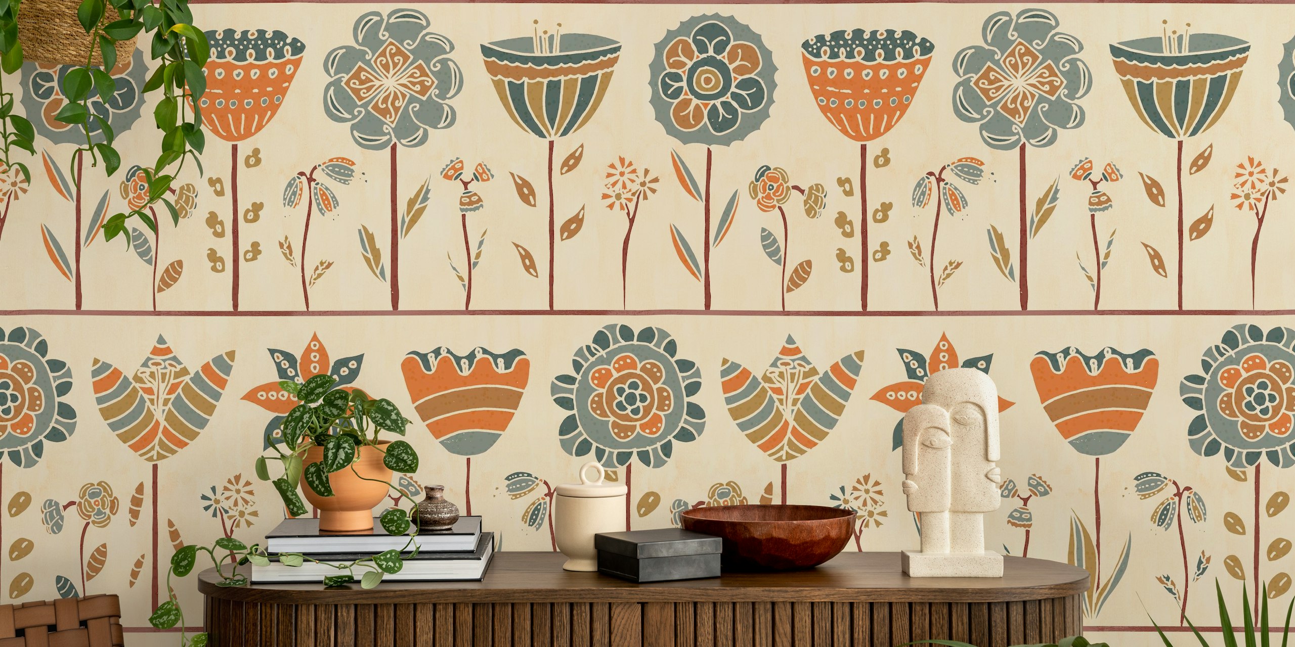 Scandinavian floral garden wallpaper in a room
