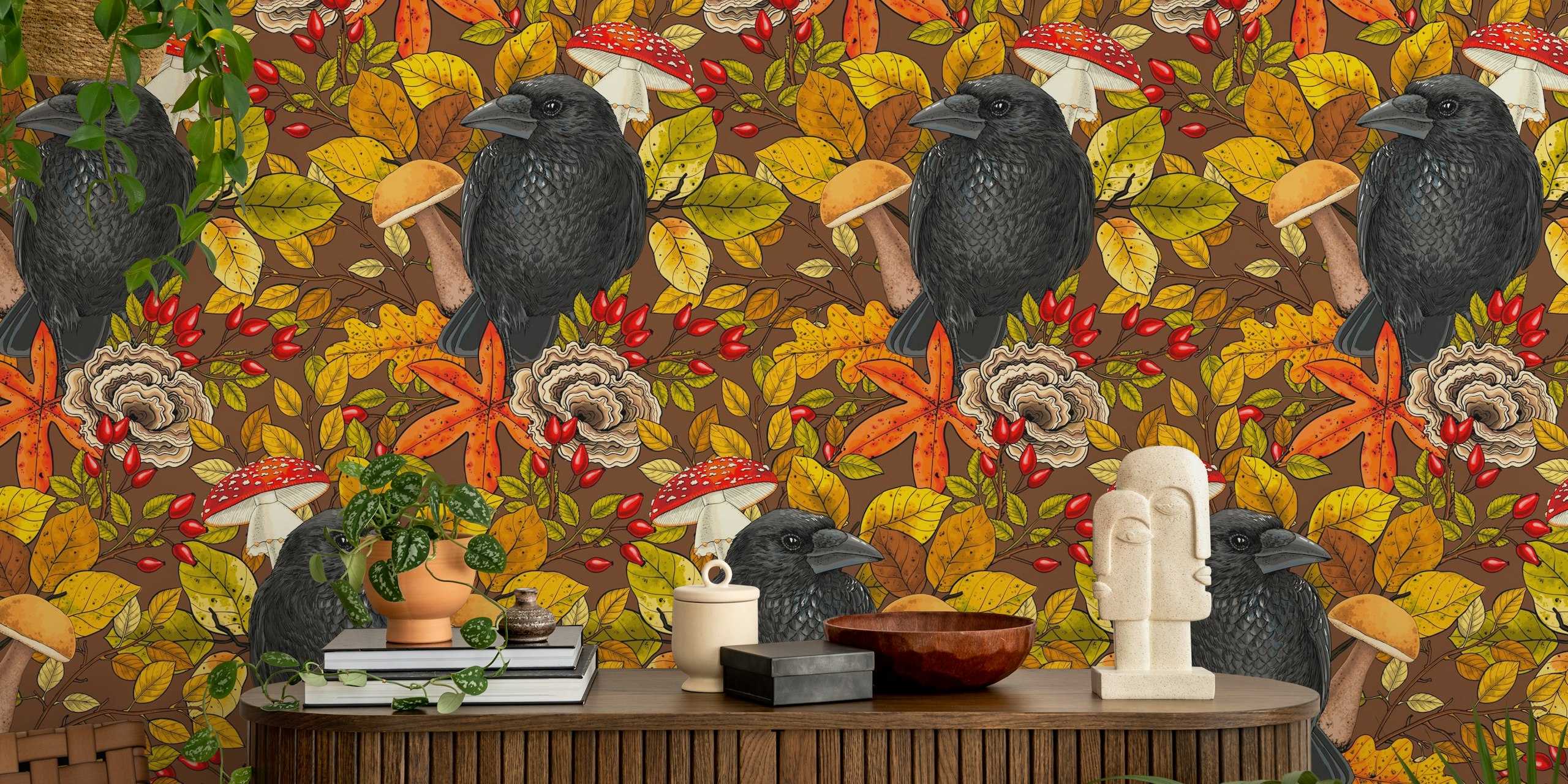 Autumn raven on brown projekt tapety w pokoju